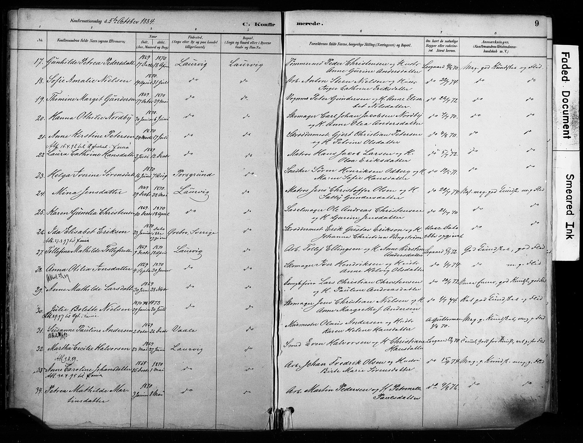 Larvik kirkebøker, AV/SAKO-A-352/F/Fa/L0008: Parish register (official) no. I 8, 1884-1902, p. 9