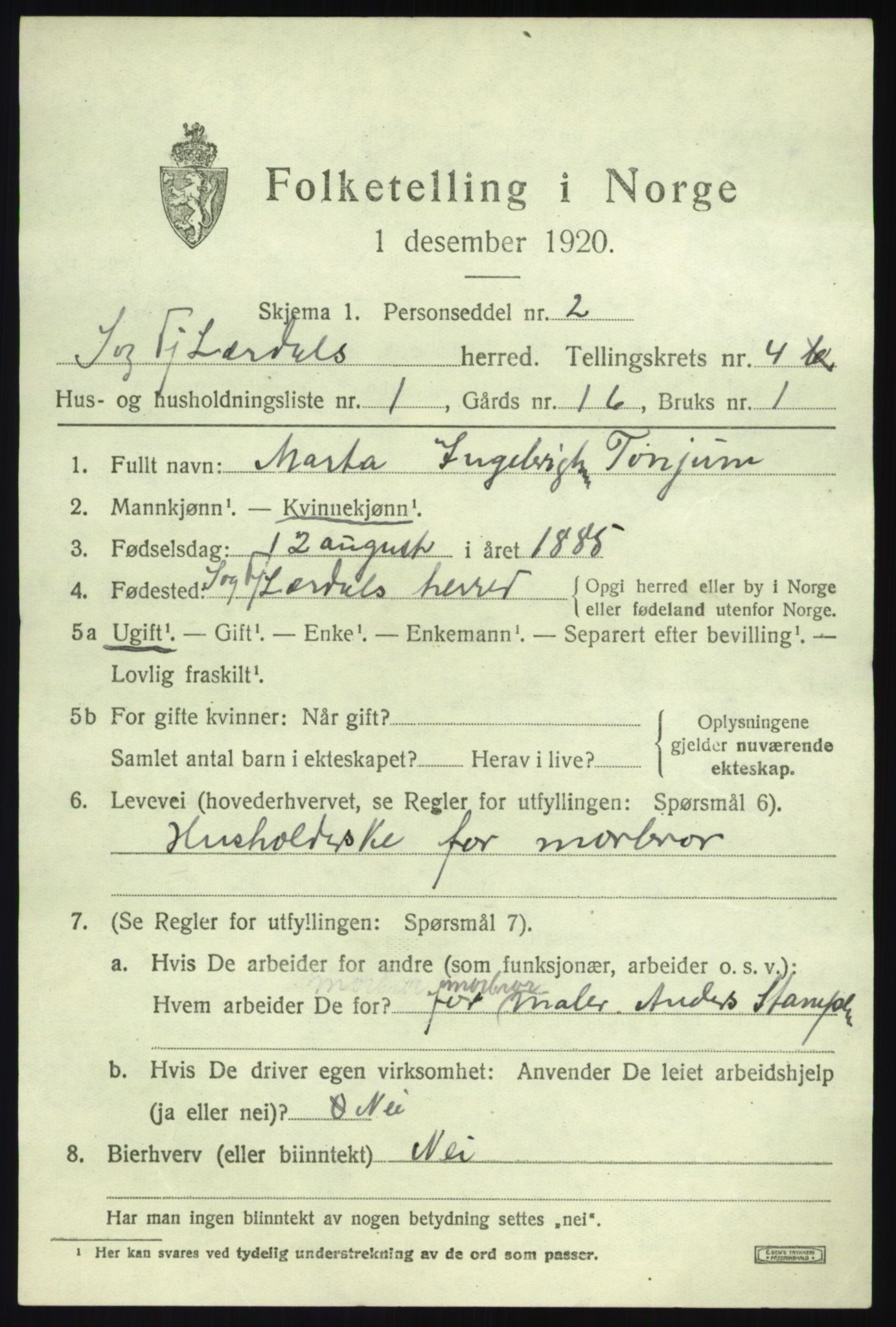 SAB, 1920 census for Lærdal, 1920, p. 2204