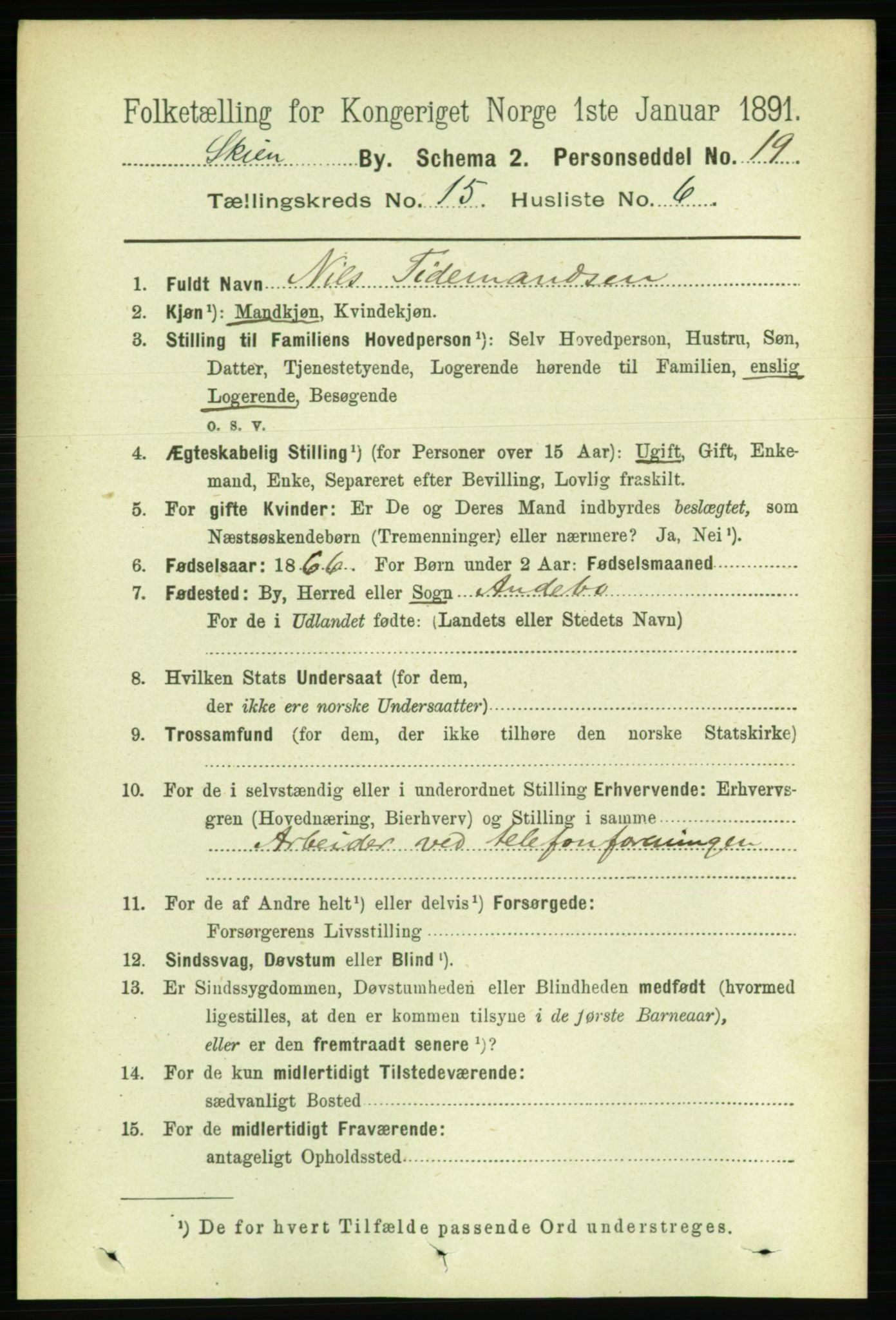 RA, 1891 census for 0806 Skien, 1891, p. 4485