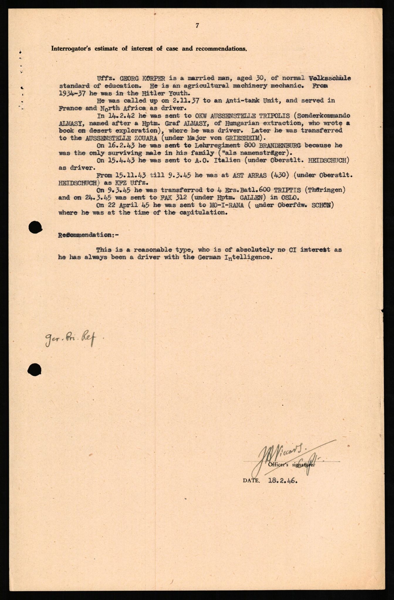 Forsvaret, Forsvarets overkommando II, AV/RA-RAFA-3915/D/Db/L0019: CI Questionaires. Tyske okkupasjonsstyrker i Norge. Tyskere., 1945-1946, p. 311