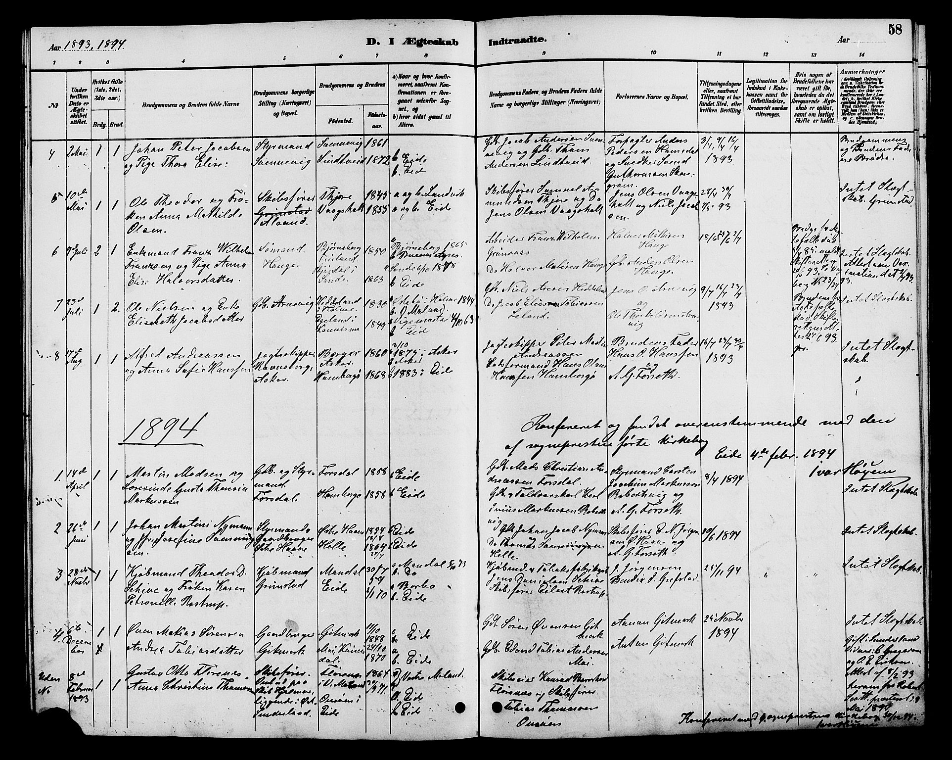 Hommedal sokneprestkontor, AV/SAK-1111-0023/F/Fb/Fba/L0004: Parish register (copy) no. B 4, 1885-1908, p. 58