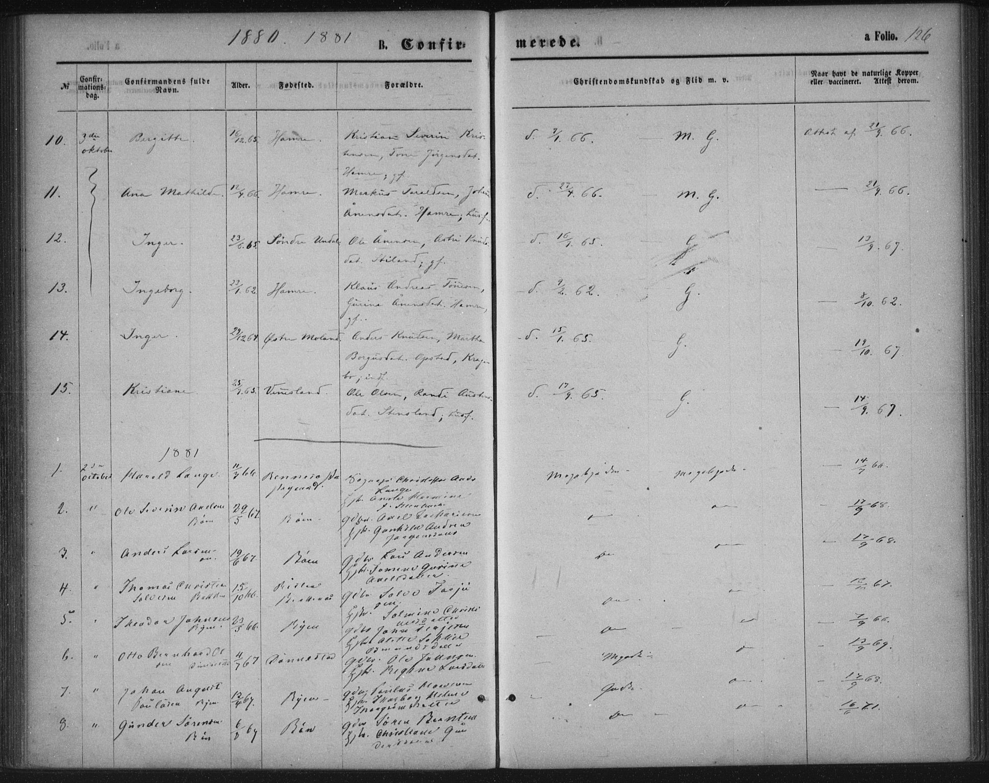 Tveit sokneprestkontor, SAK/1111-0043/F/Fa/L0006: Parish register (official) no. A 6, 1872-1886, p. 126