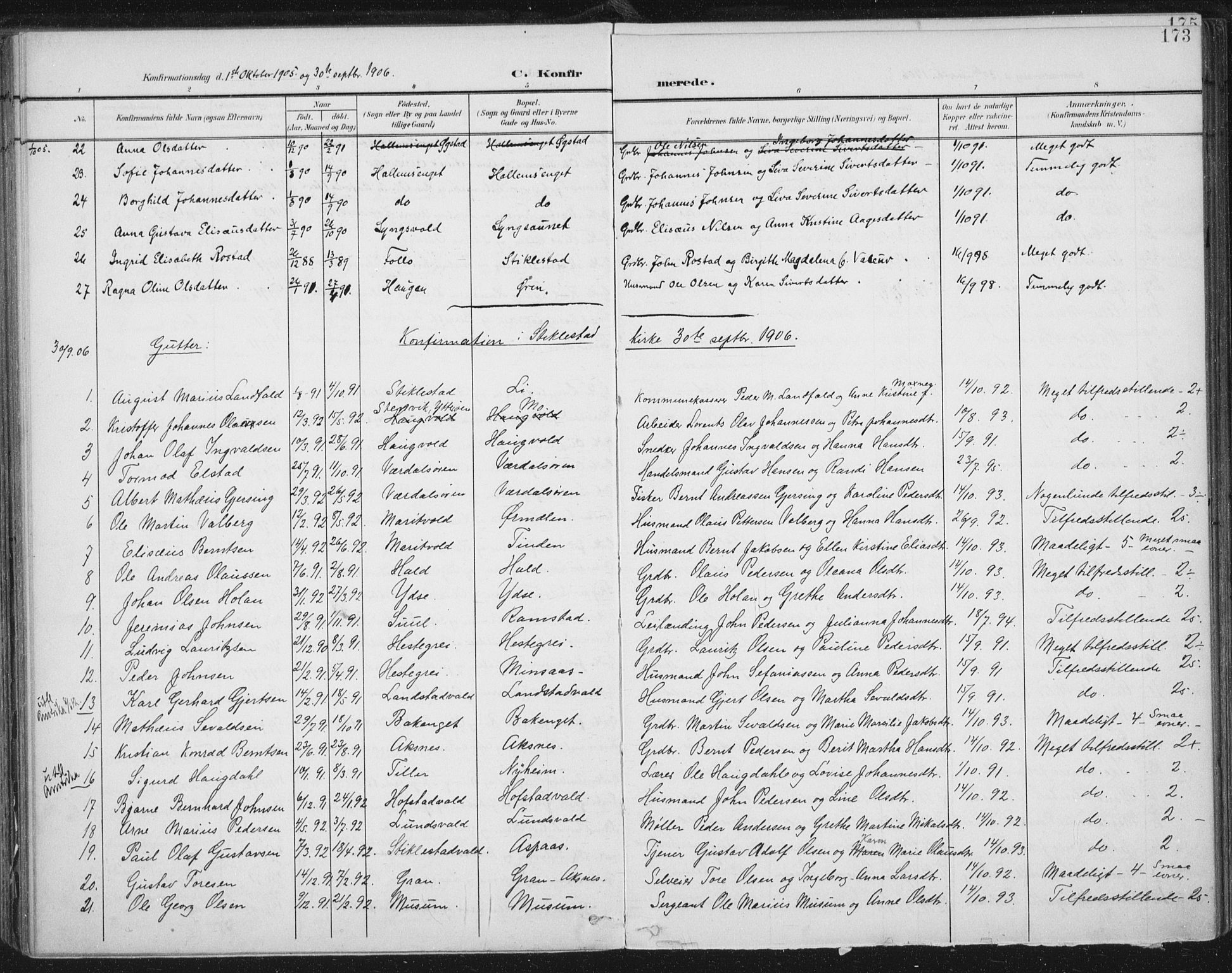 Ministerialprotokoller, klokkerbøker og fødselsregistre - Nord-Trøndelag, SAT/A-1458/723/L0246: Parish register (official) no. 723A15, 1900-1917, p. 173