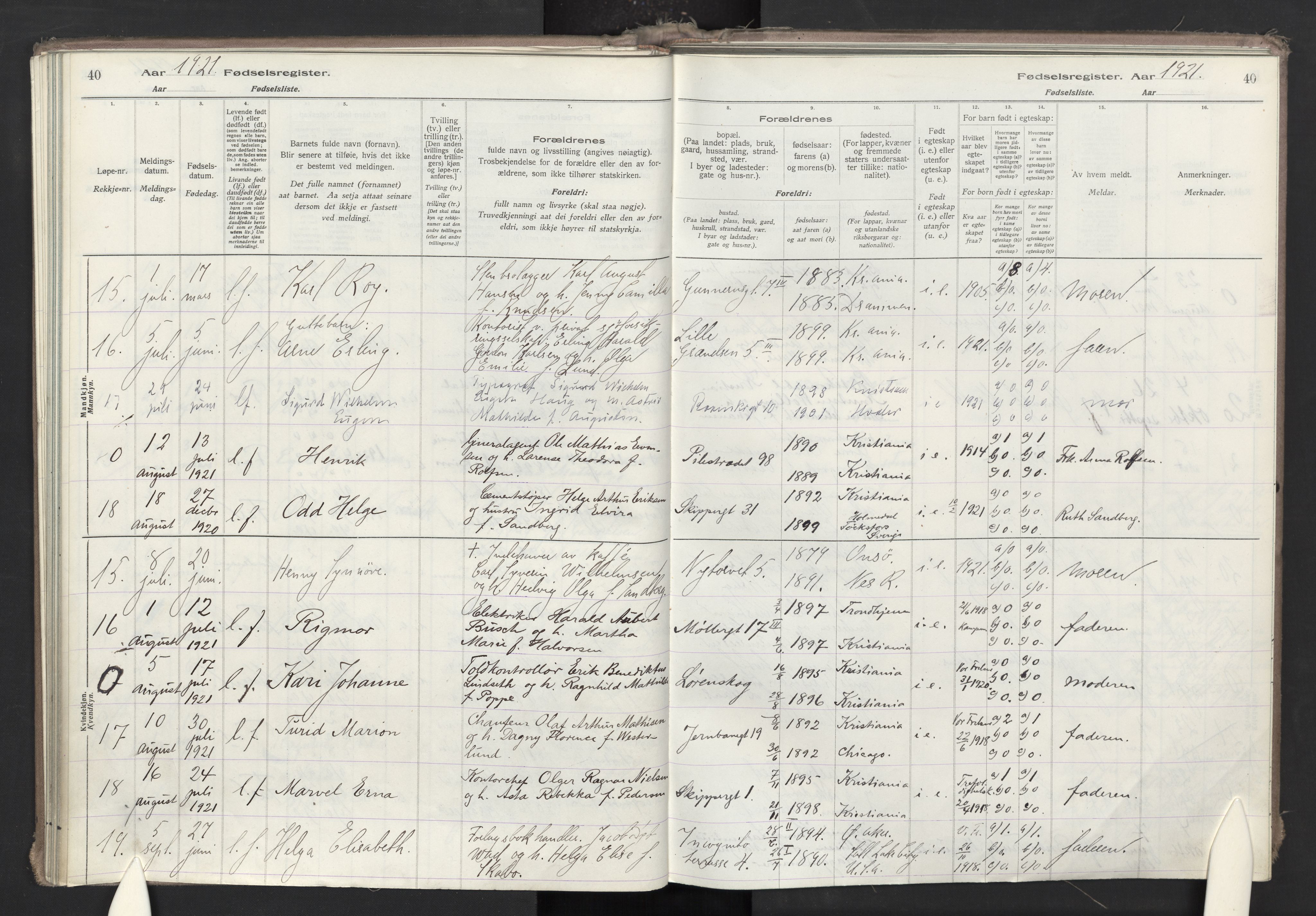 Oslo domkirke Kirkebøker, AV/SAO-A-10752/J/Ja/L0001: Birth register no. 1, 1916-1941, p. 40