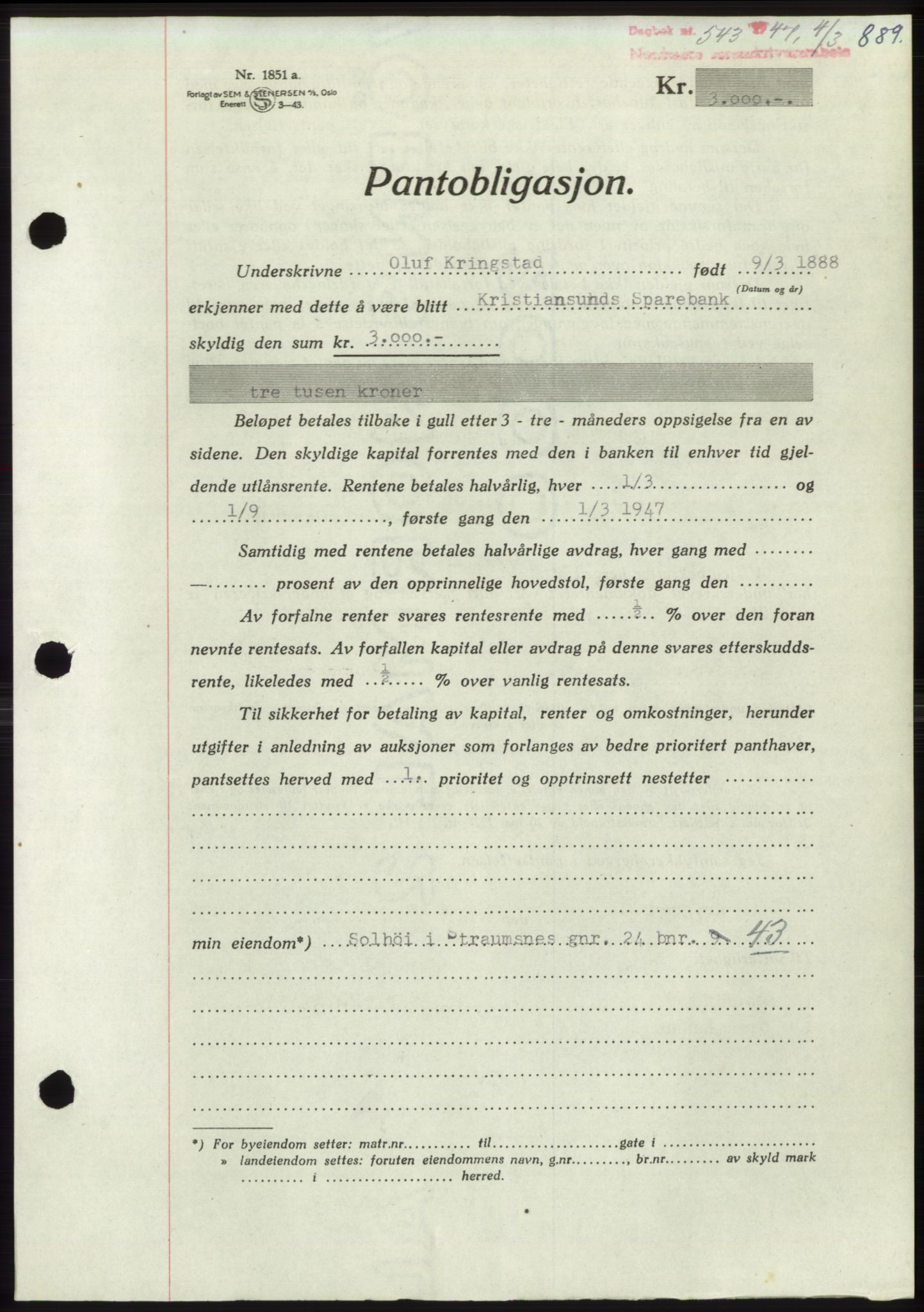 Nordmøre sorenskriveri, AV/SAT-A-4132/1/2/2Ca: Mortgage book no. B95, 1946-1947, Diary no: : 543/1947