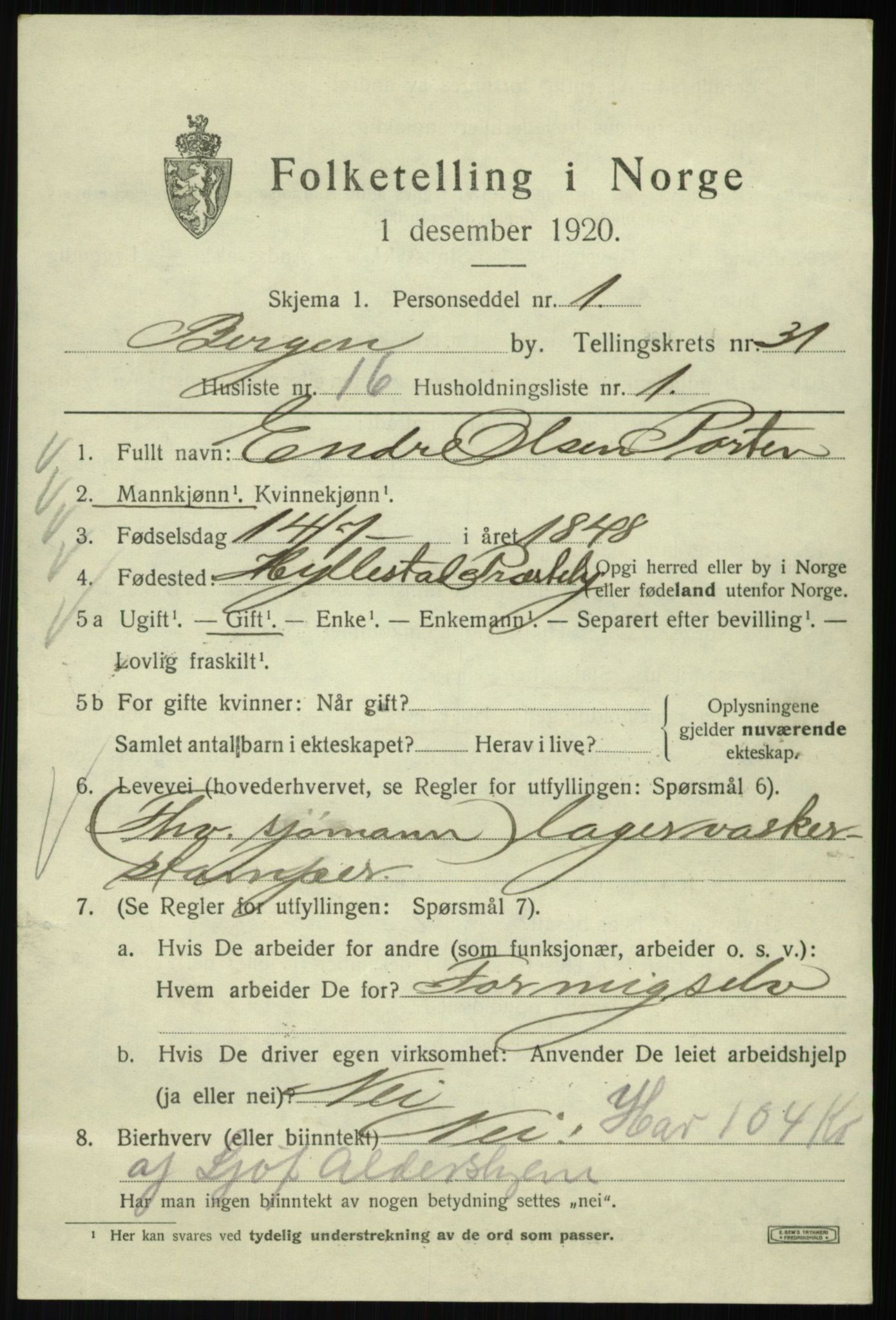 SAB, 1920 census for Bergen, 1920, p. 96792