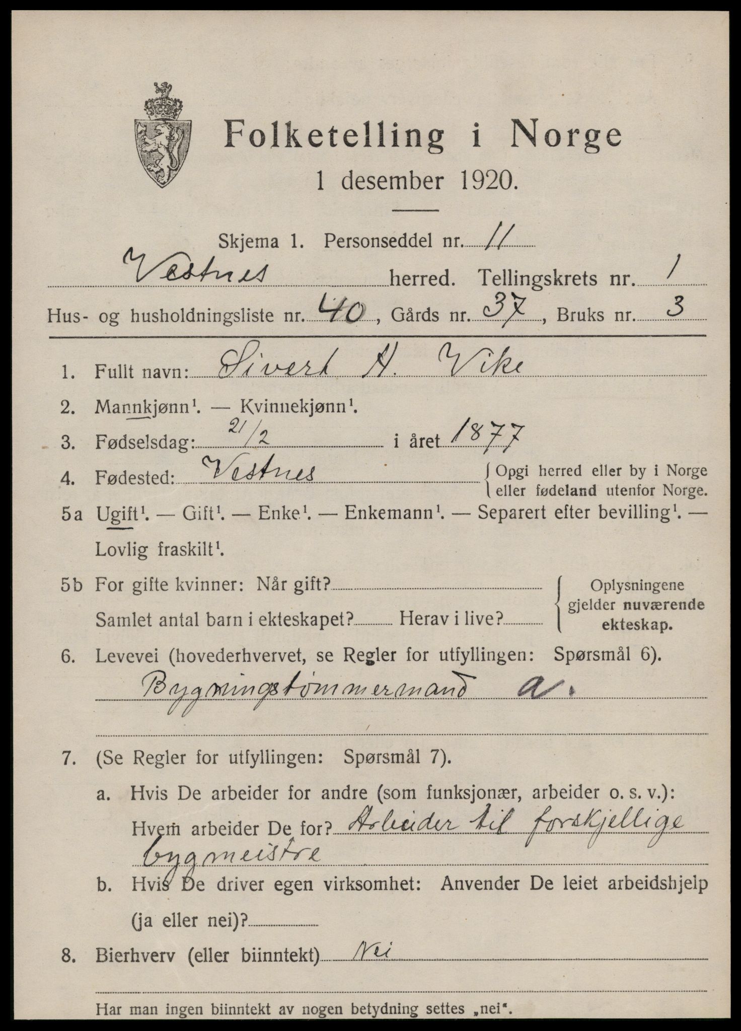 SAT, 1920 census for Vestnes, 1920, p. 1699