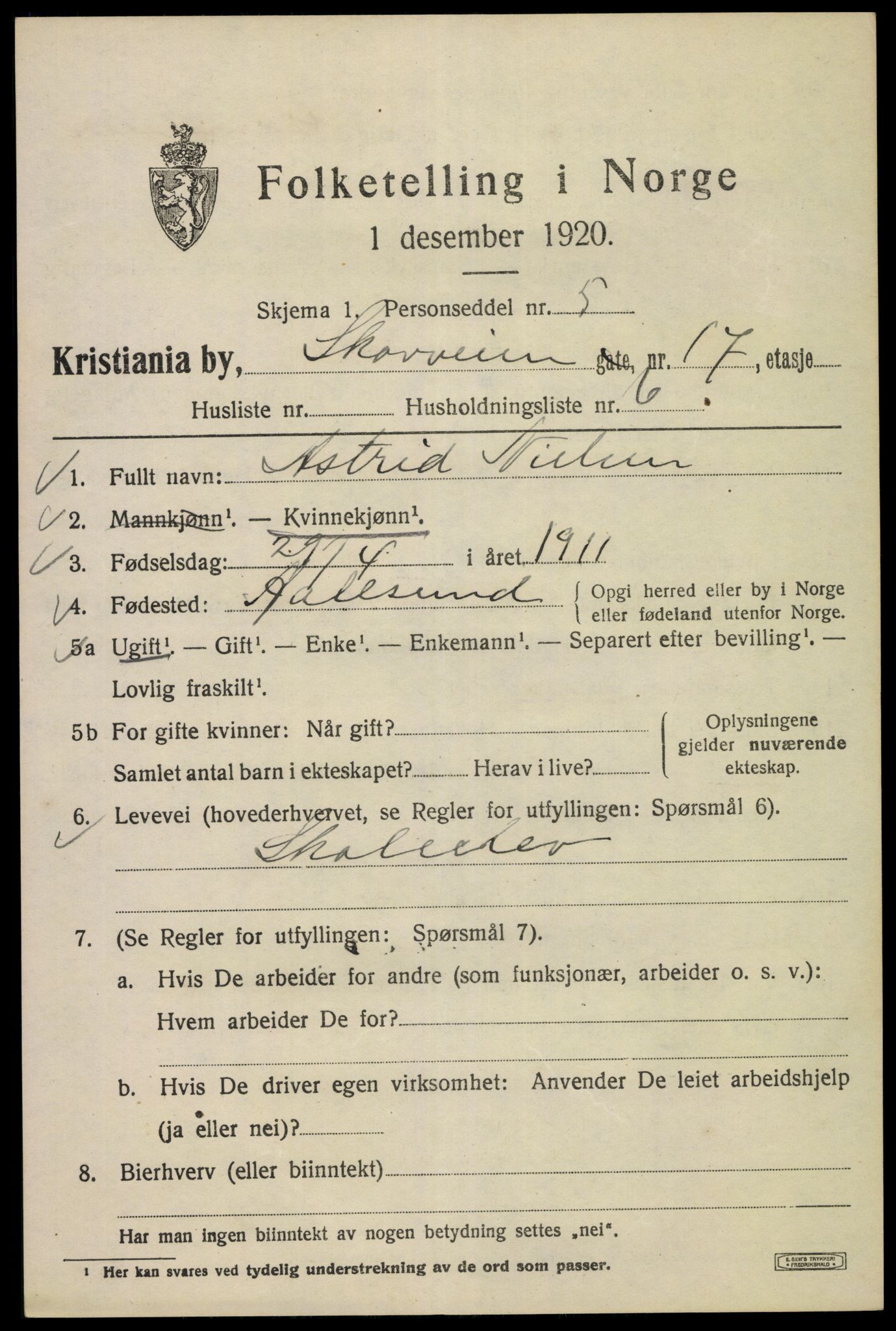 SAO, 1920 census for Kristiania, 1920, p. 516405