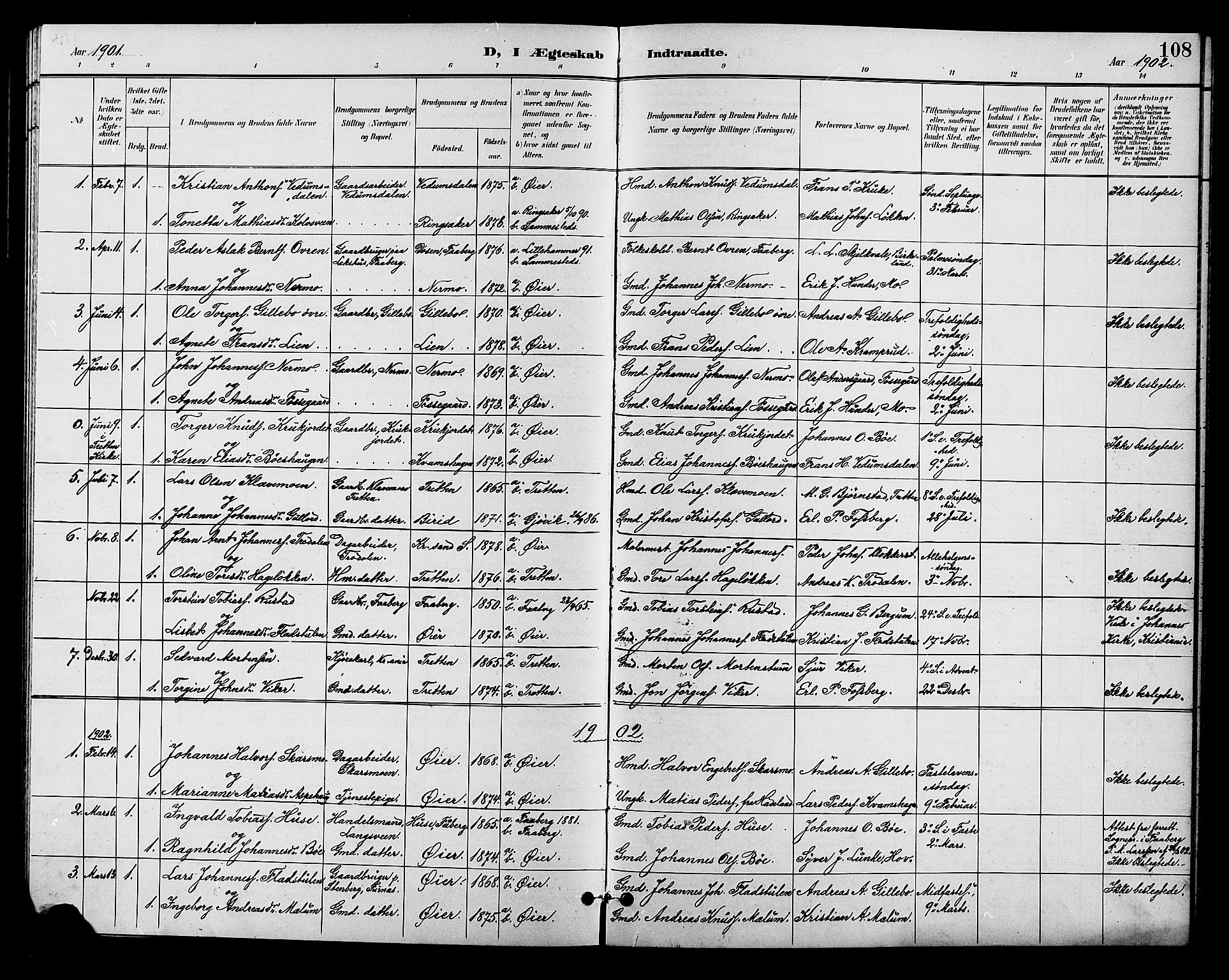 Øyer prestekontor, AV/SAH-PREST-084/H/Ha/Hab/L0005: Parish register (copy) no. 5, 1897-1913, p. 108