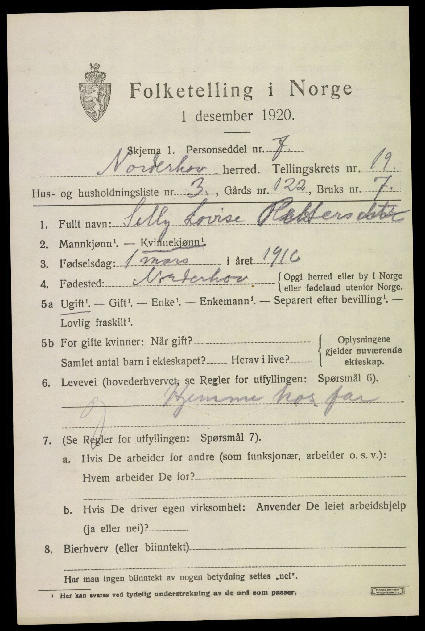 SAKO, 1920 census for Norderhov, 1920, p. 20338