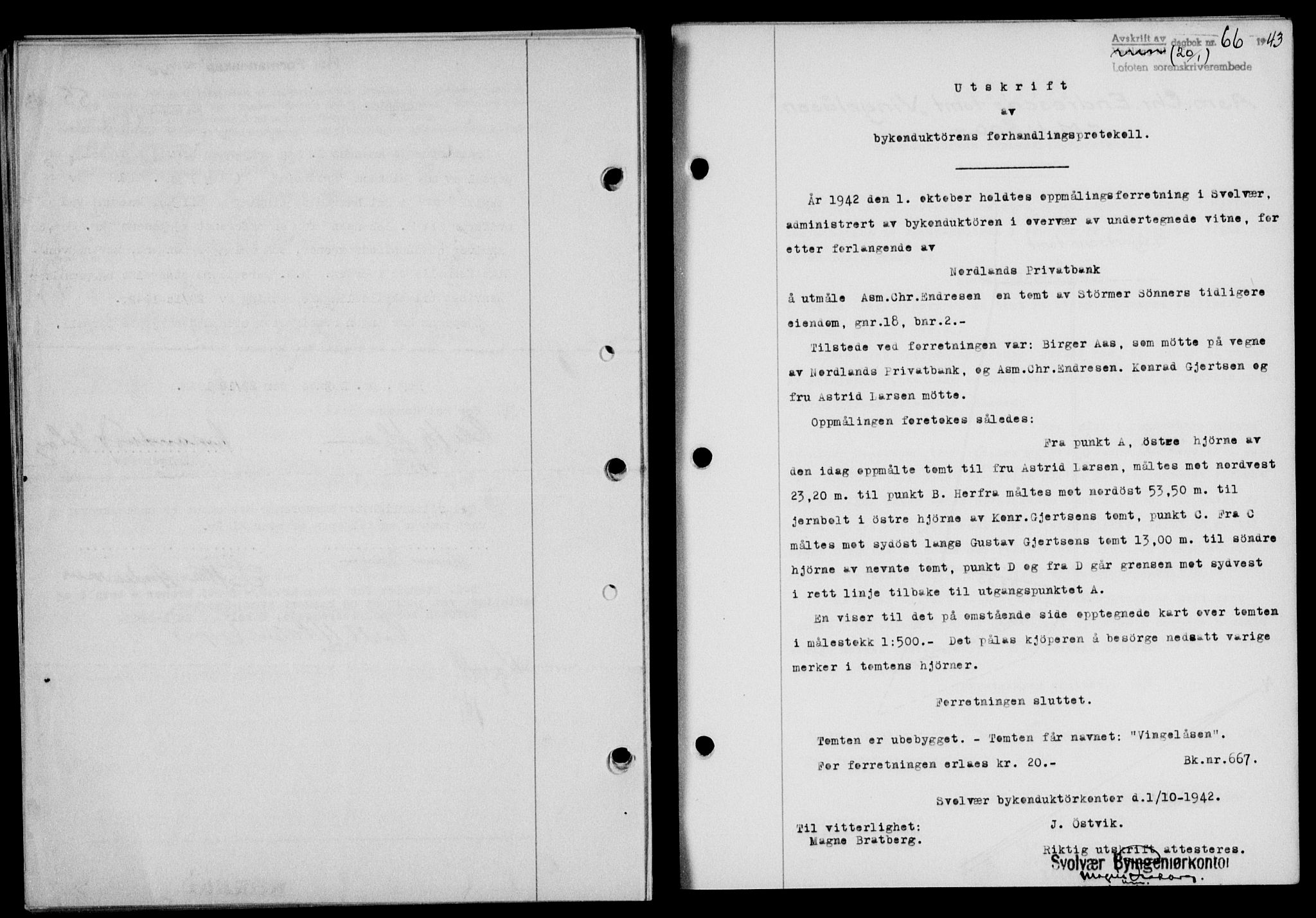 Lofoten sorenskriveri, SAT/A-0017/1/2/2C/L0010a: Mortgage book no. 10a, 1942-1943, Diary no: : 66/1943