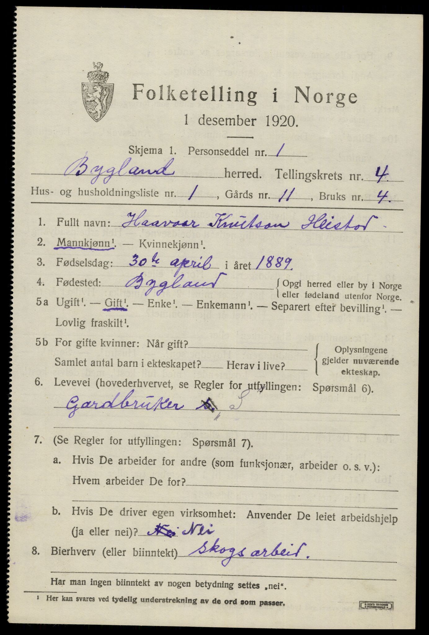 SAK, 1920 census for Bygland, 1920, p. 1683