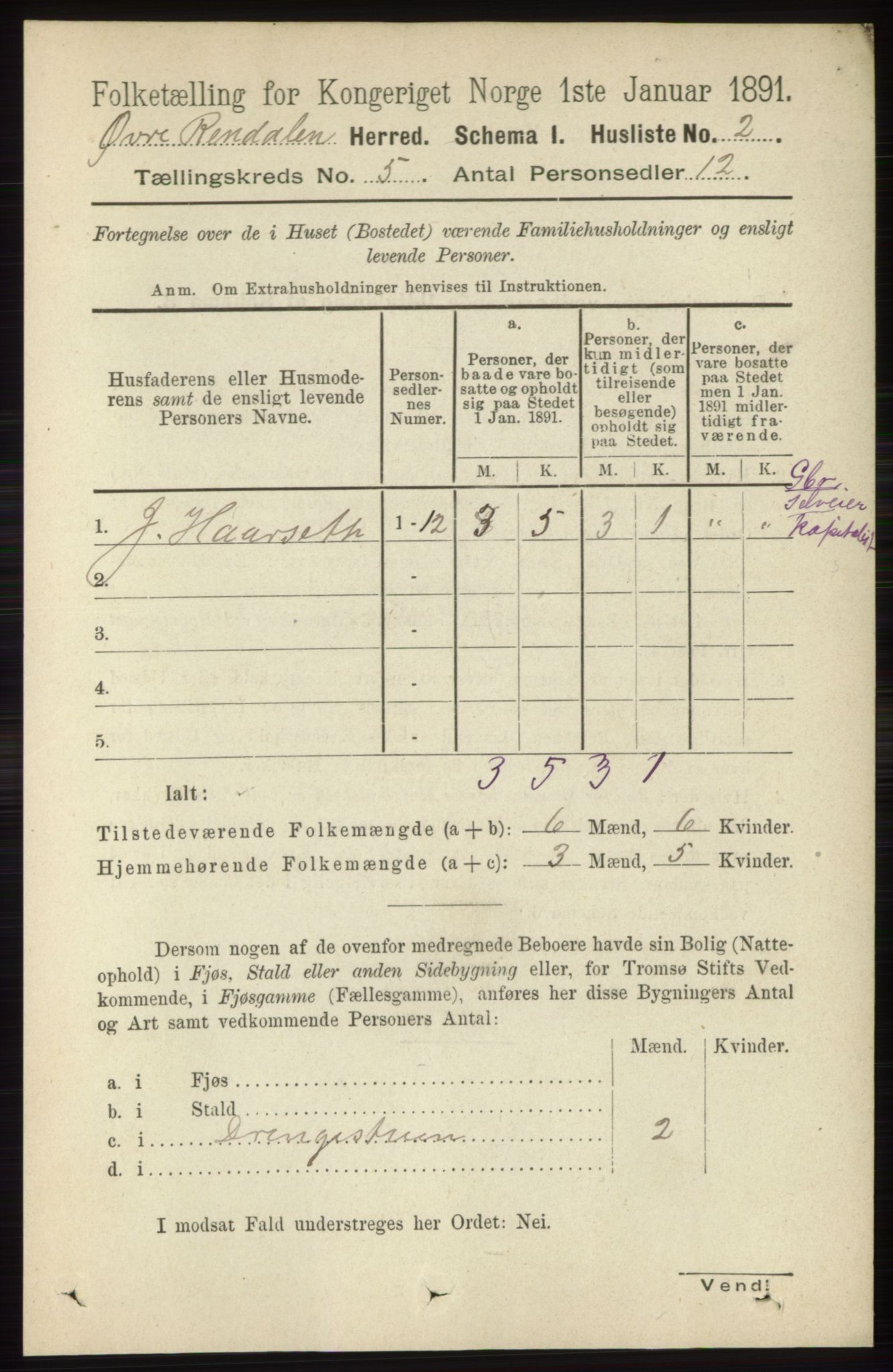 RA, 1891 census for 0433 Øvre Rendal, 1891, p. 1266