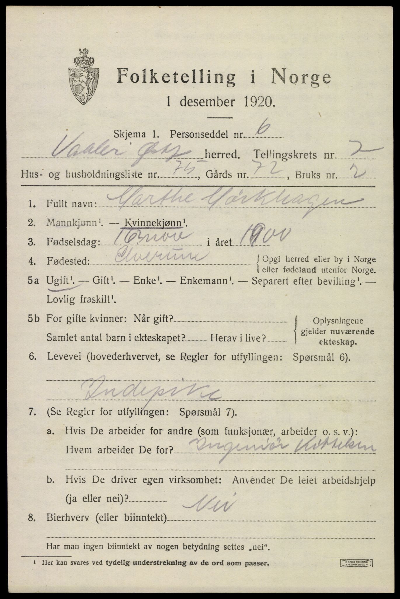 SAO, 1920 census for Våler, 1920, p. 4268