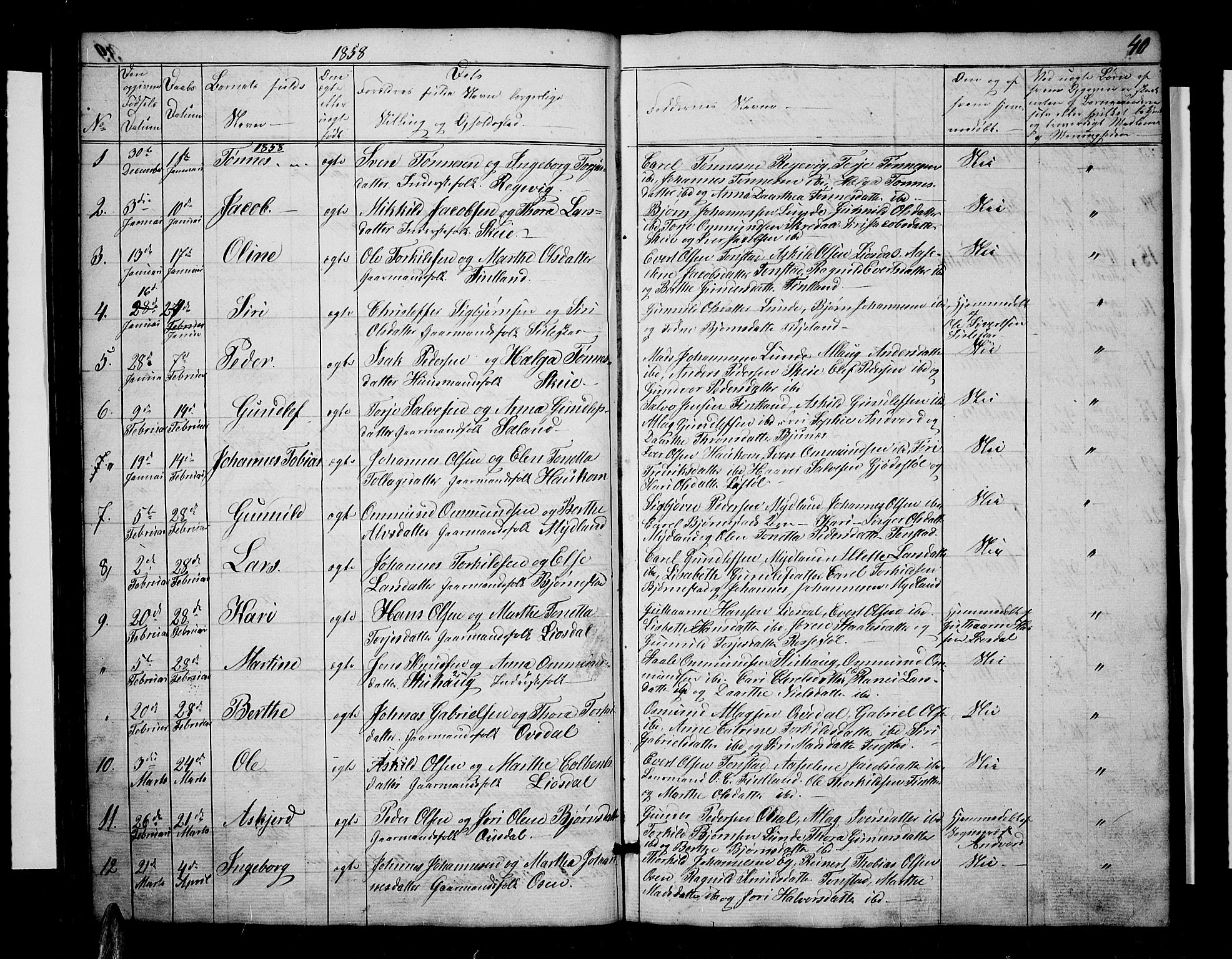 Sirdal sokneprestkontor, AV/SAK-1111-0036/F/Fb/Fbb/L0002: Parish register (copy) no. B 2, 1848-1878, p. 40