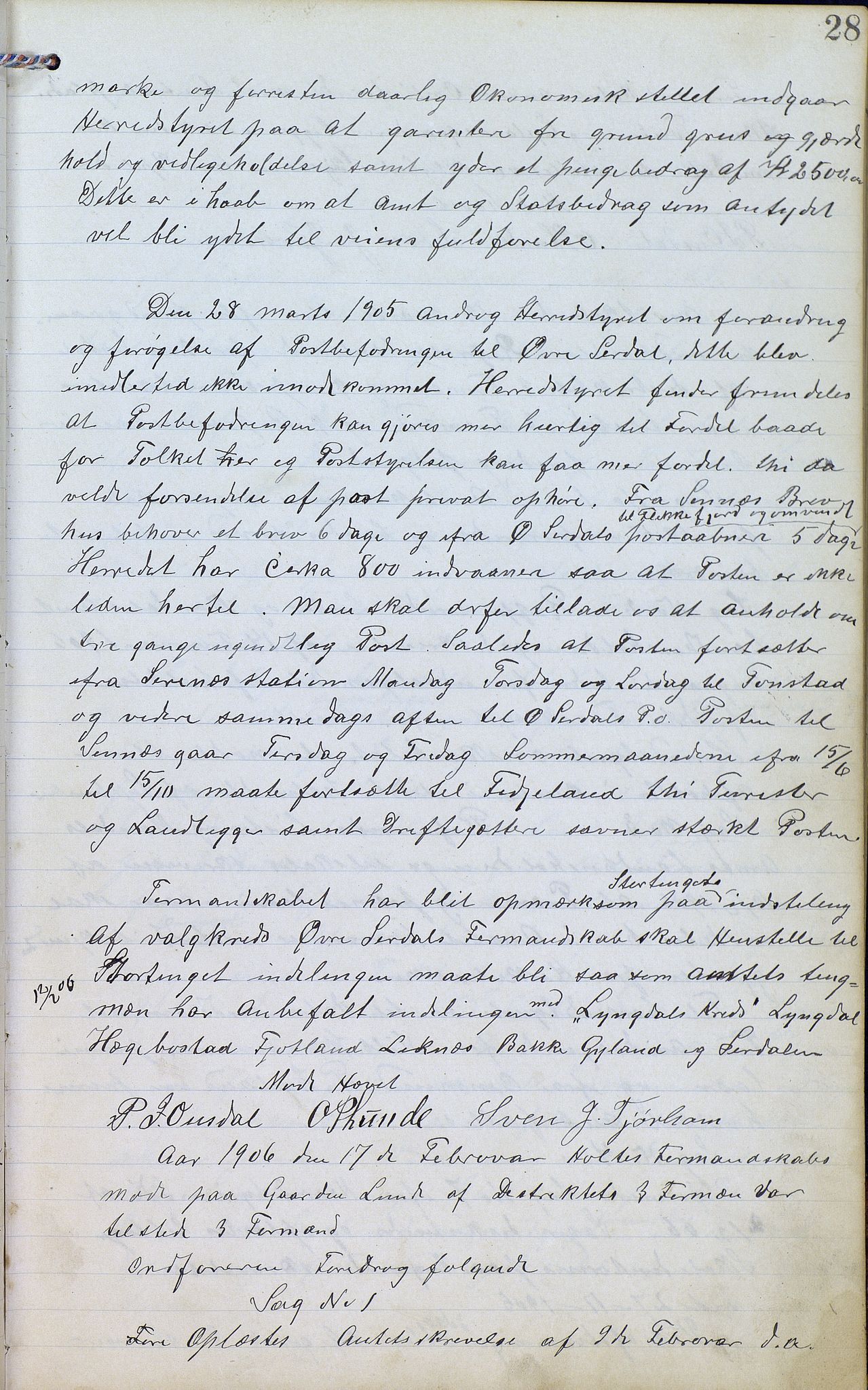 Øvre Sirdal kommune - Formannskapet/Kommunestyret, ARKSOR/1046ØS120/A/L0001: Møtebok (d), 1905-1917, p. 28