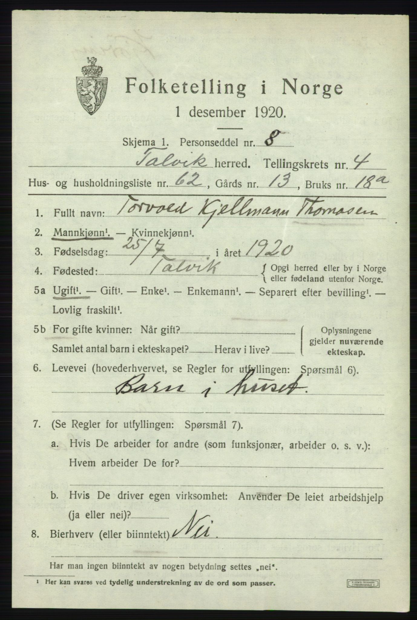 SATØ, 1920 census for Talvik, 1920, p. 3302