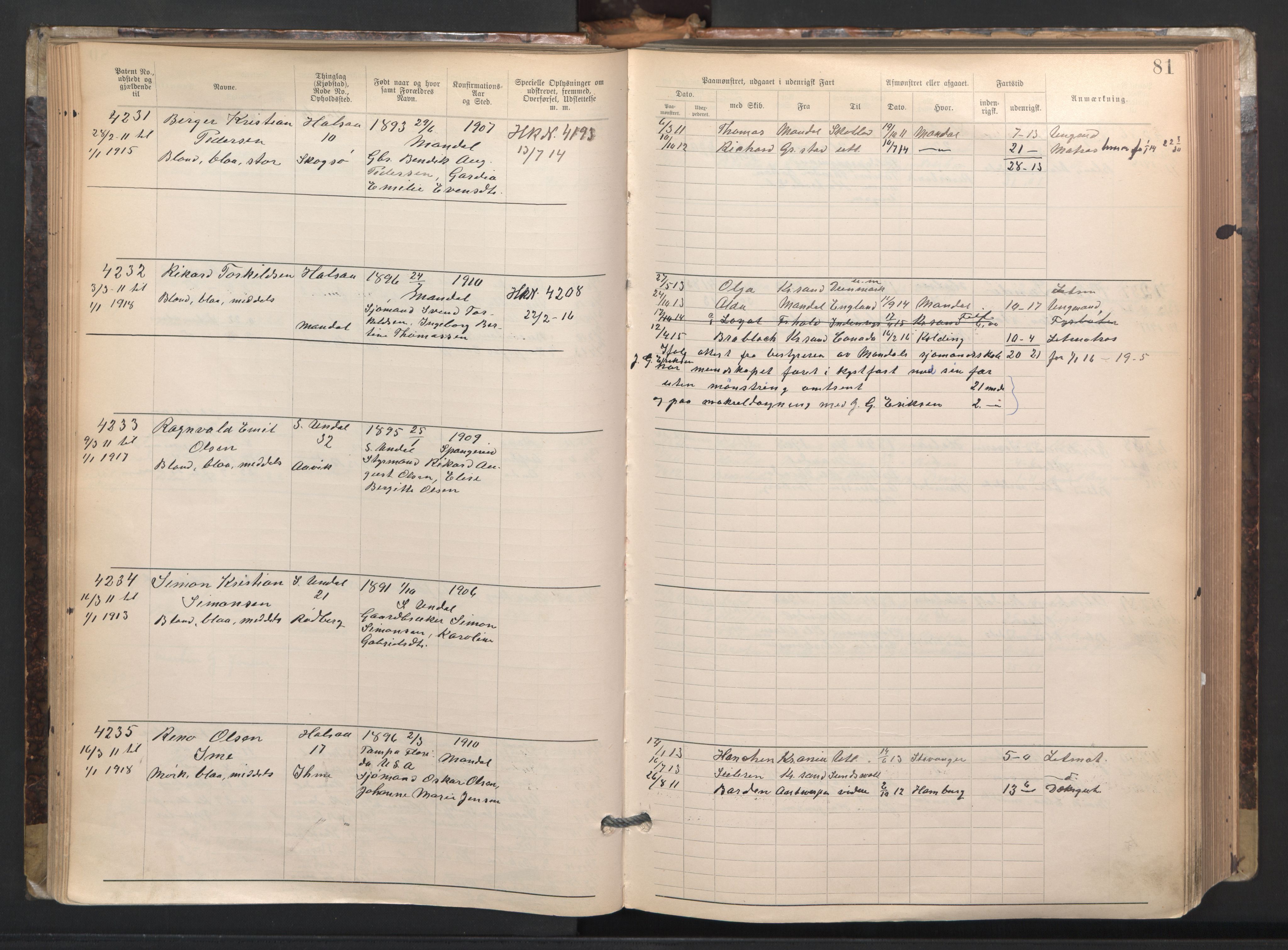 Mandal mønstringskrets, AV/SAK-2031-0016/F/Fa/L0003: Annotasjonsrulle nr 3831-4730 med register, L-5, 1900-1948, p. 105