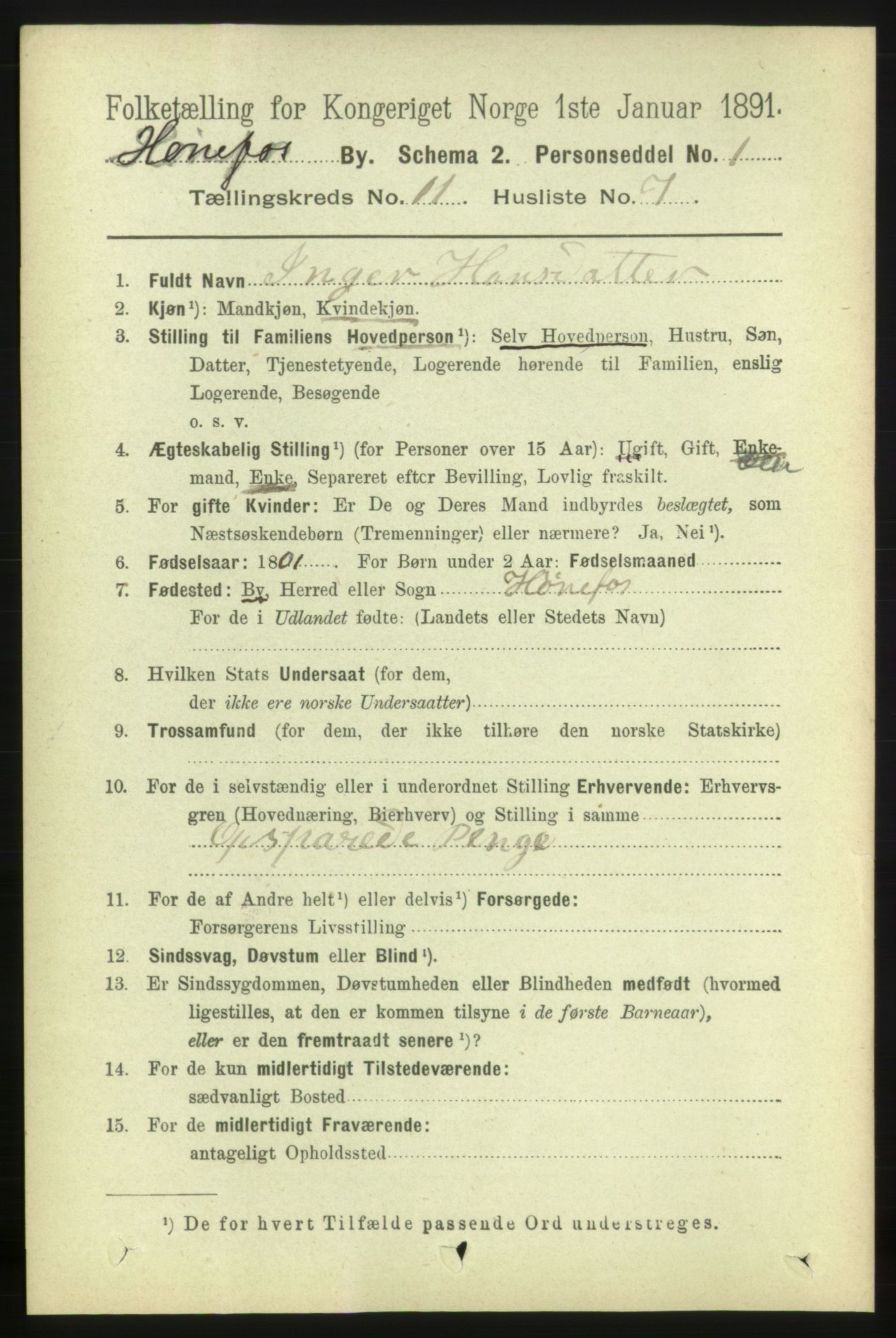 RA, 1891 census for 0601 Hønefoss, 1891, p. 1539