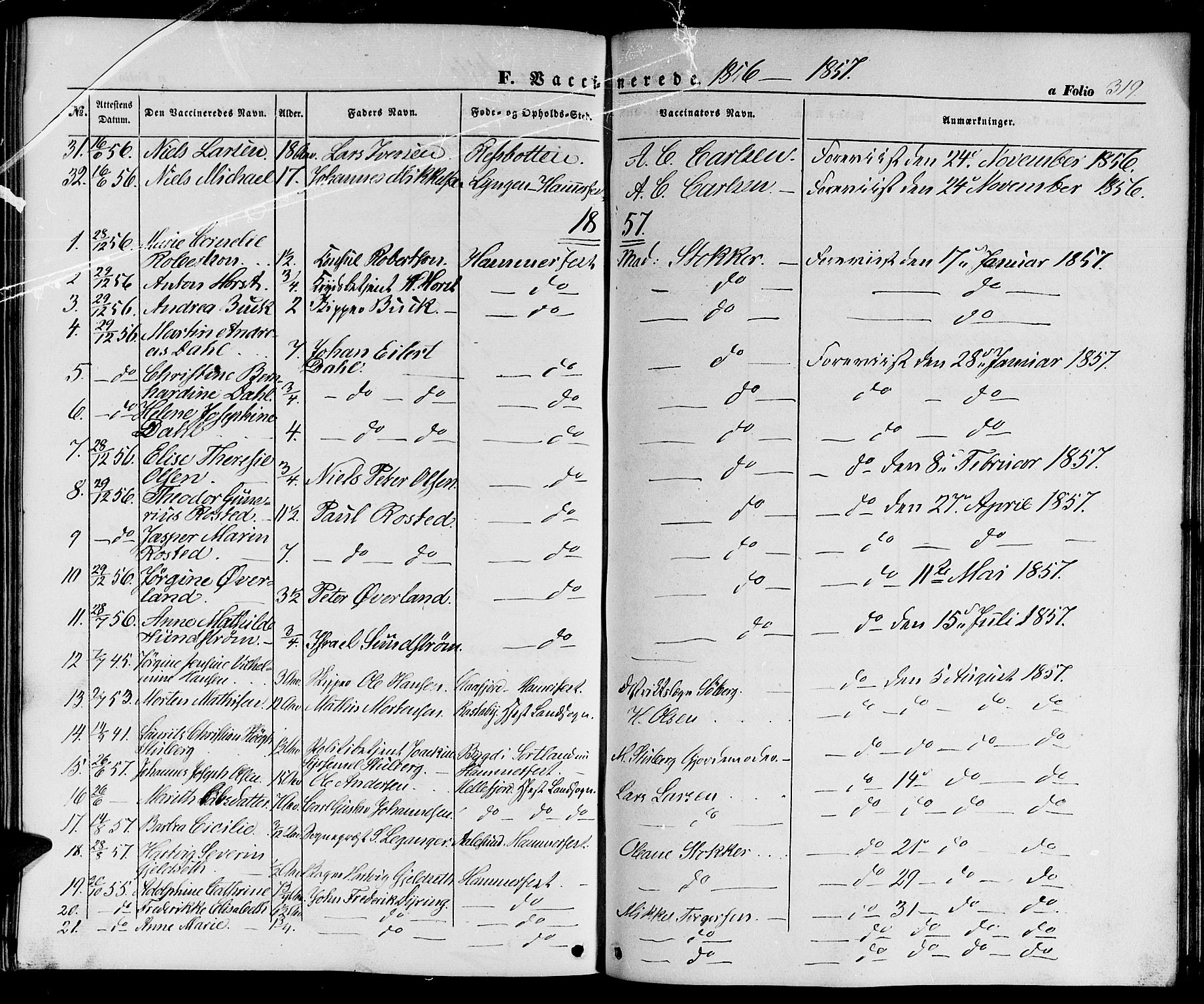 Hammerfest sokneprestkontor, SATØ/S-1347/H/Hb/L0002.klokk: Parish register (copy) no. 2, 1851-1861, p. 319