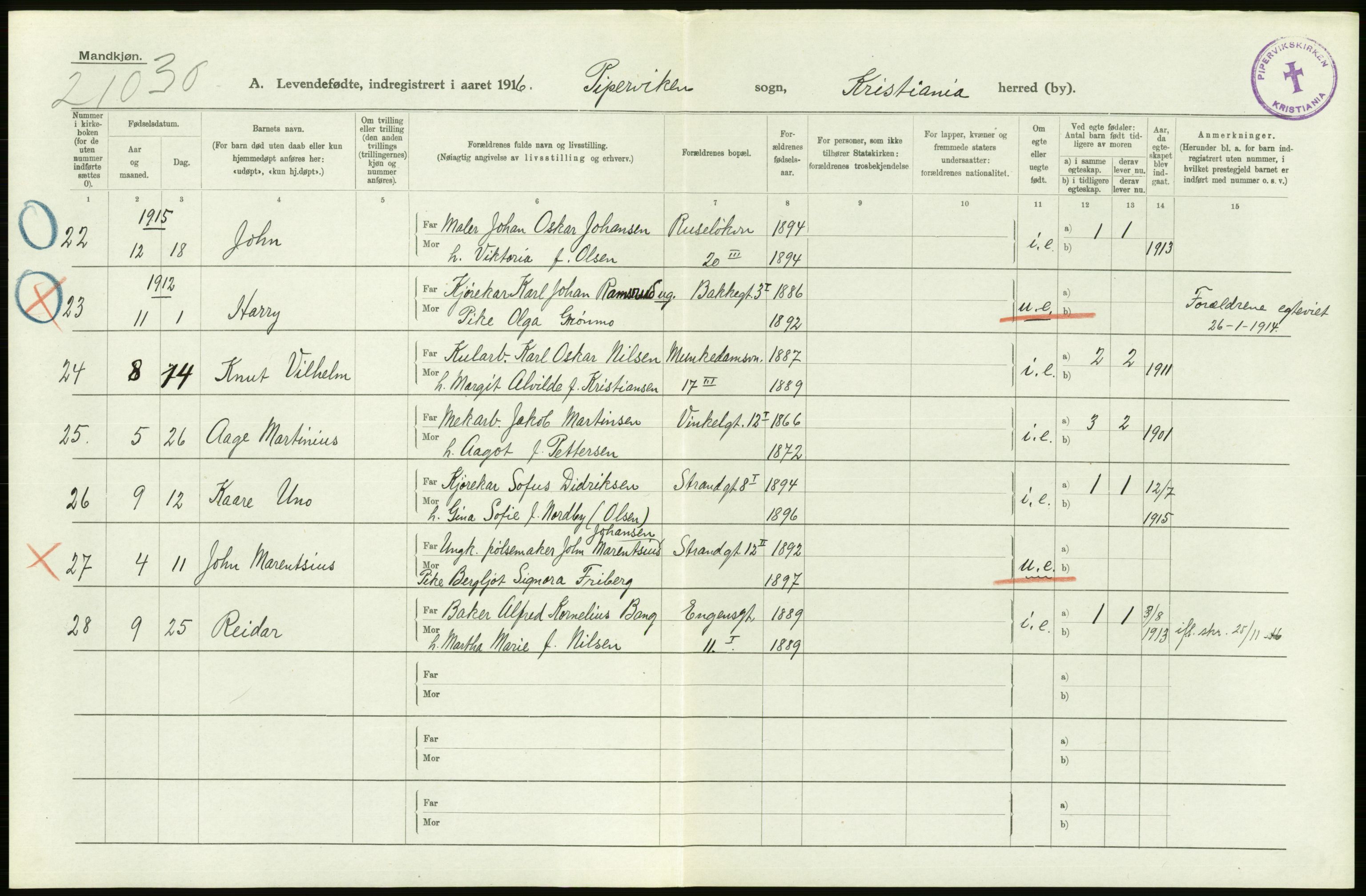 Statistisk sentralbyrå, Sosiodemografiske emner, Befolkning, AV/RA-S-2228/D/Df/Dfb/Dfbf/L0007: Kristiania: Levendefødte menn og kvinner., 1916, p. 496