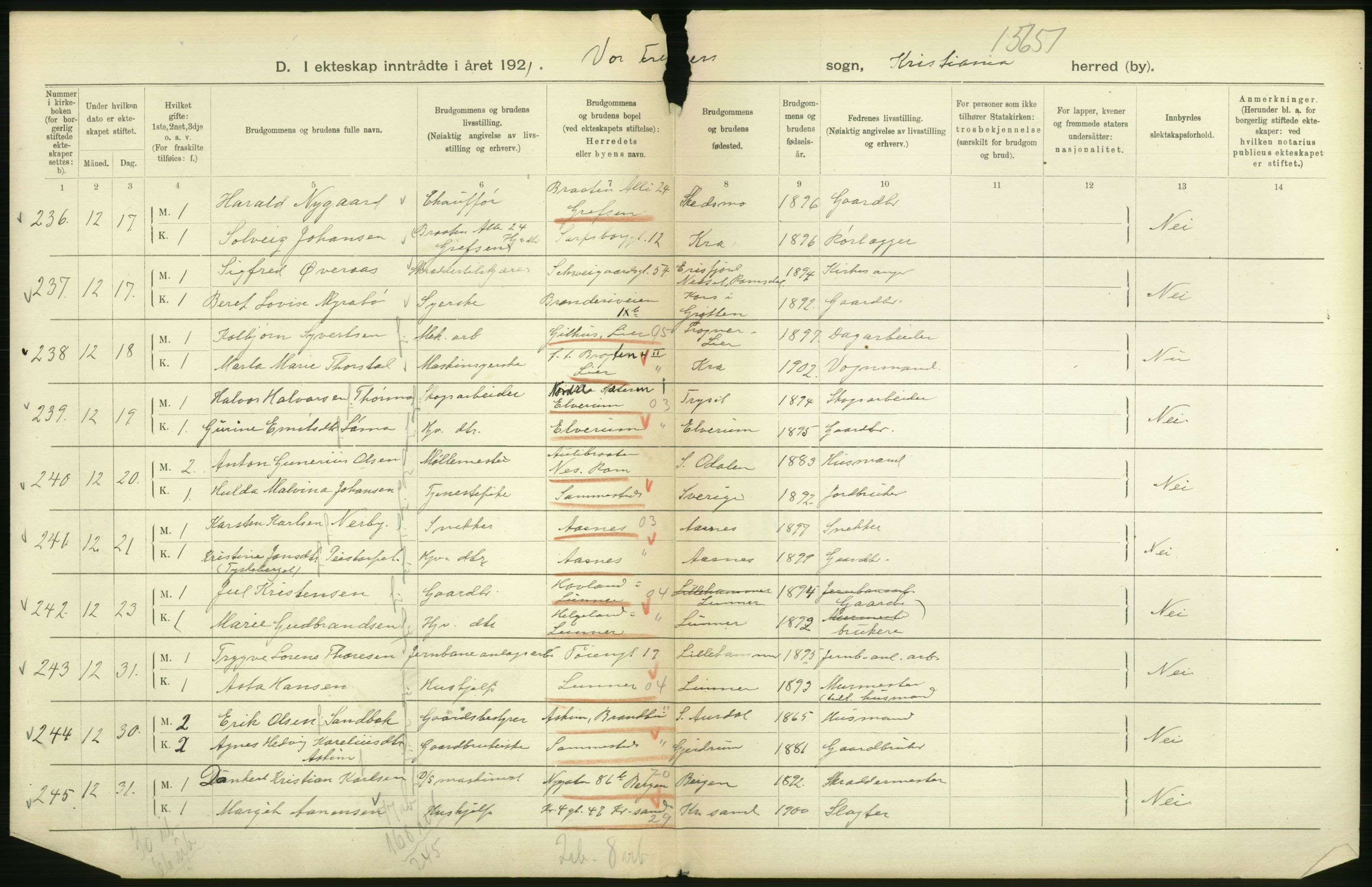 Statistisk sentralbyrå, Sosiodemografiske emner, Befolkning, AV/RA-S-2228/D/Df/Dfc/Dfca/L0011: Kristiania: Gifte, 1921, p. 138