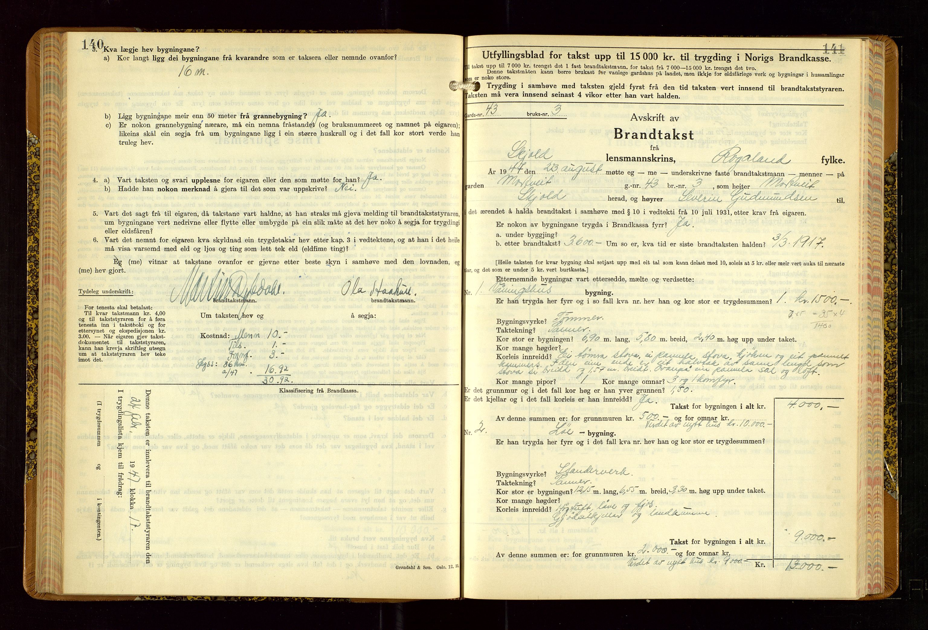 Skjold lensmannskontor, SAST/A-100182/Gob/L0002: "Branntakstbok for Skjold lensmannskrins Rogaland fylke", 1939-1952, p. 140-141