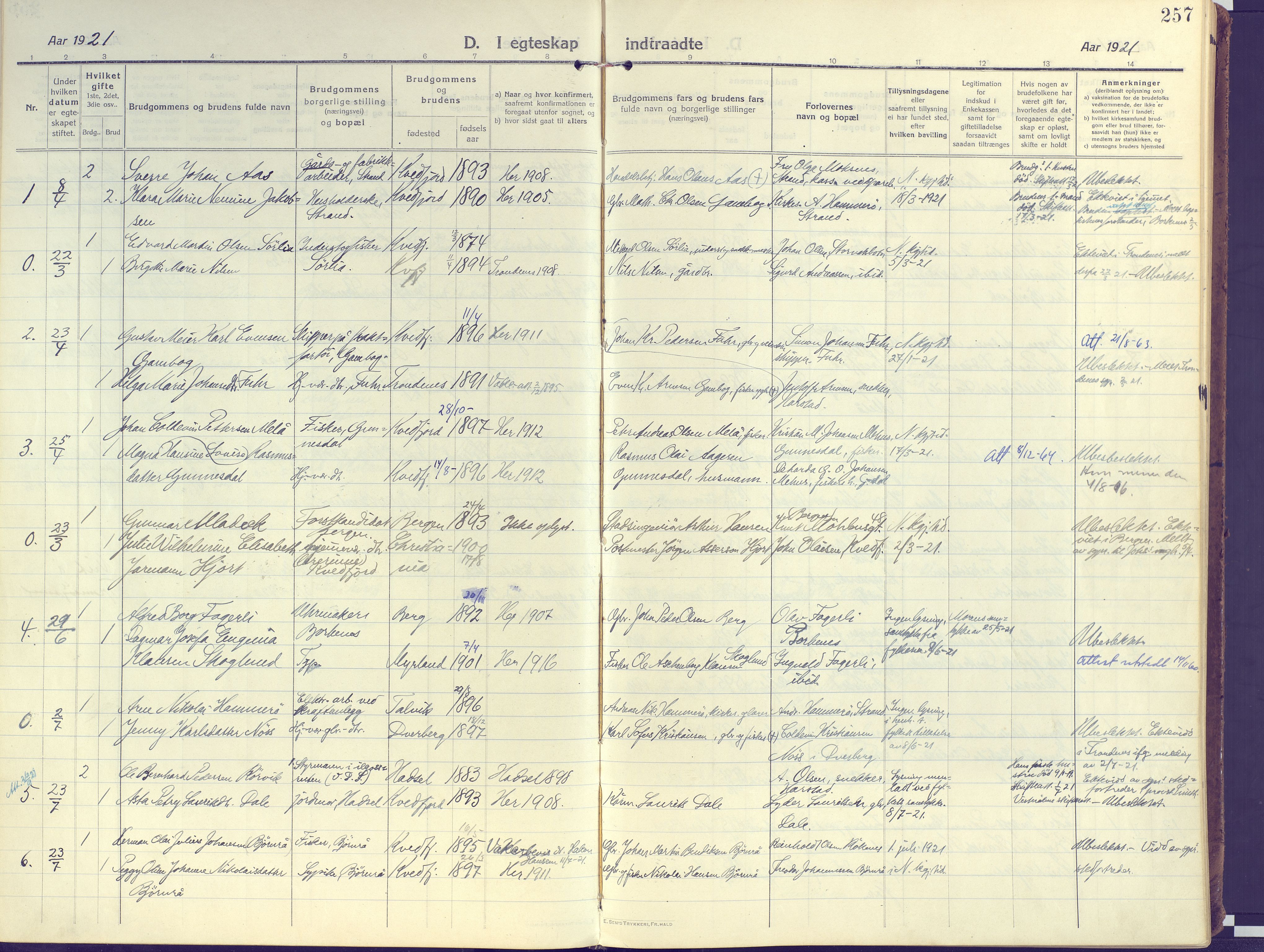 Kvæfjord sokneprestkontor, SATØ/S-1323/G/Ga/Gaa/L0007kirke: Parish register (official) no. 7, 1915-1931, p. 257