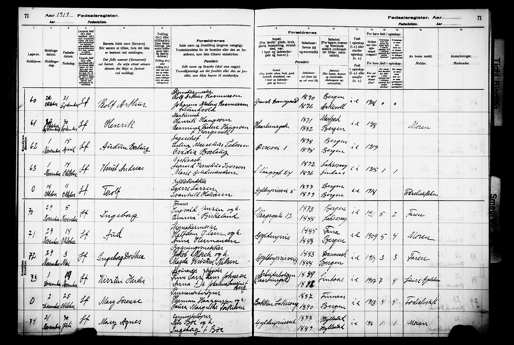 Laksevåg Sokneprestembete, AV/SAB-A-76501/I/Id/L00A1: Birth register no. A 1, 1916-1926, p. 71