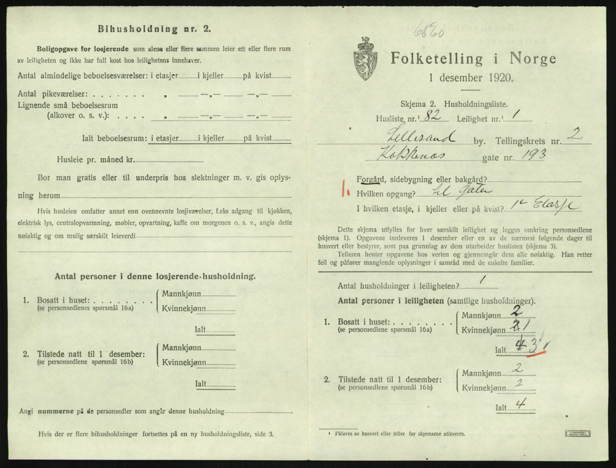 SAK, 1920 census for Lillesand, 1920, p. 1039