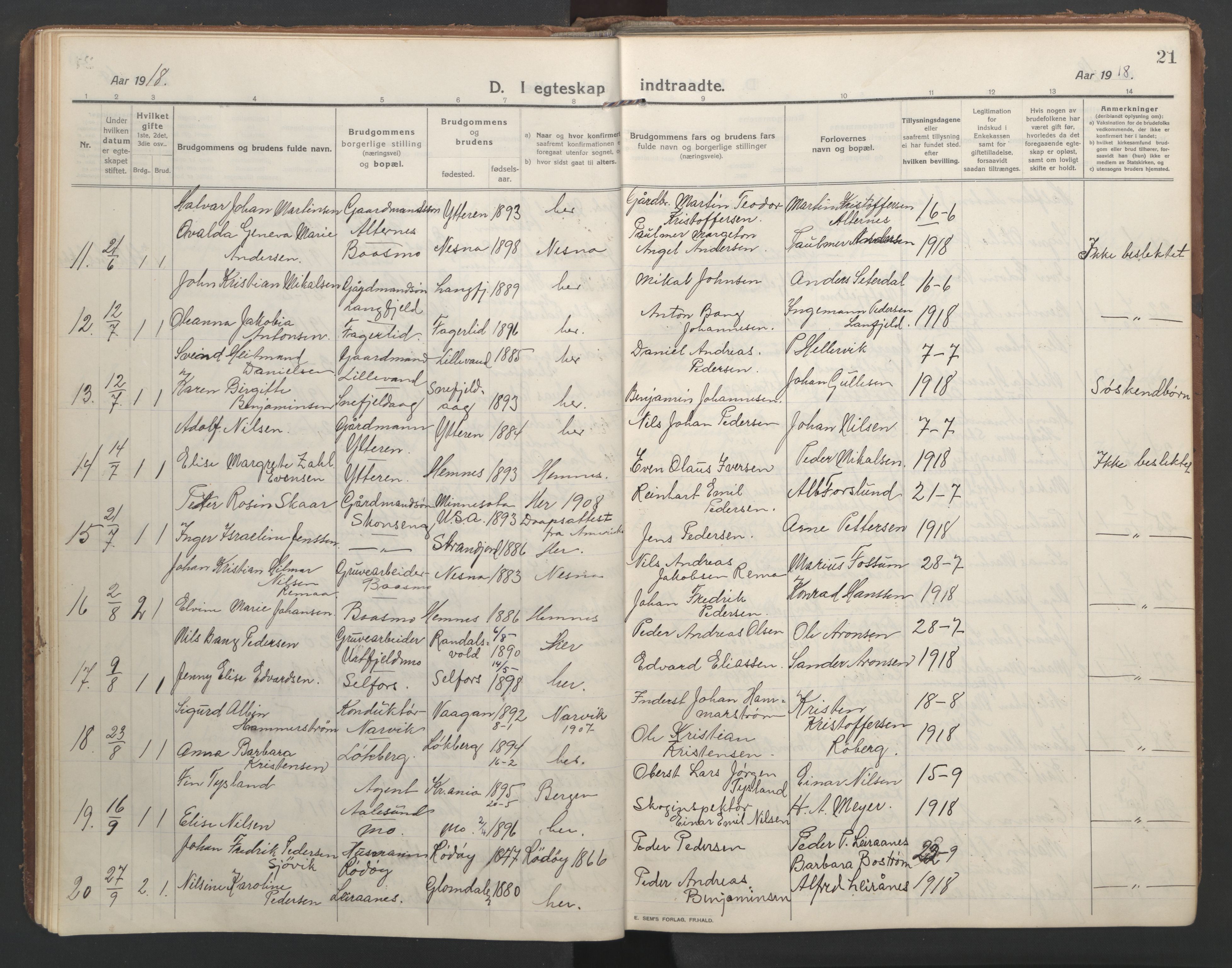 Ministerialprotokoller, klokkerbøker og fødselsregistre - Nordland, SAT/A-1459/827/L0405: Parish register (official) no. 827A17, 1912-1925, p. 21