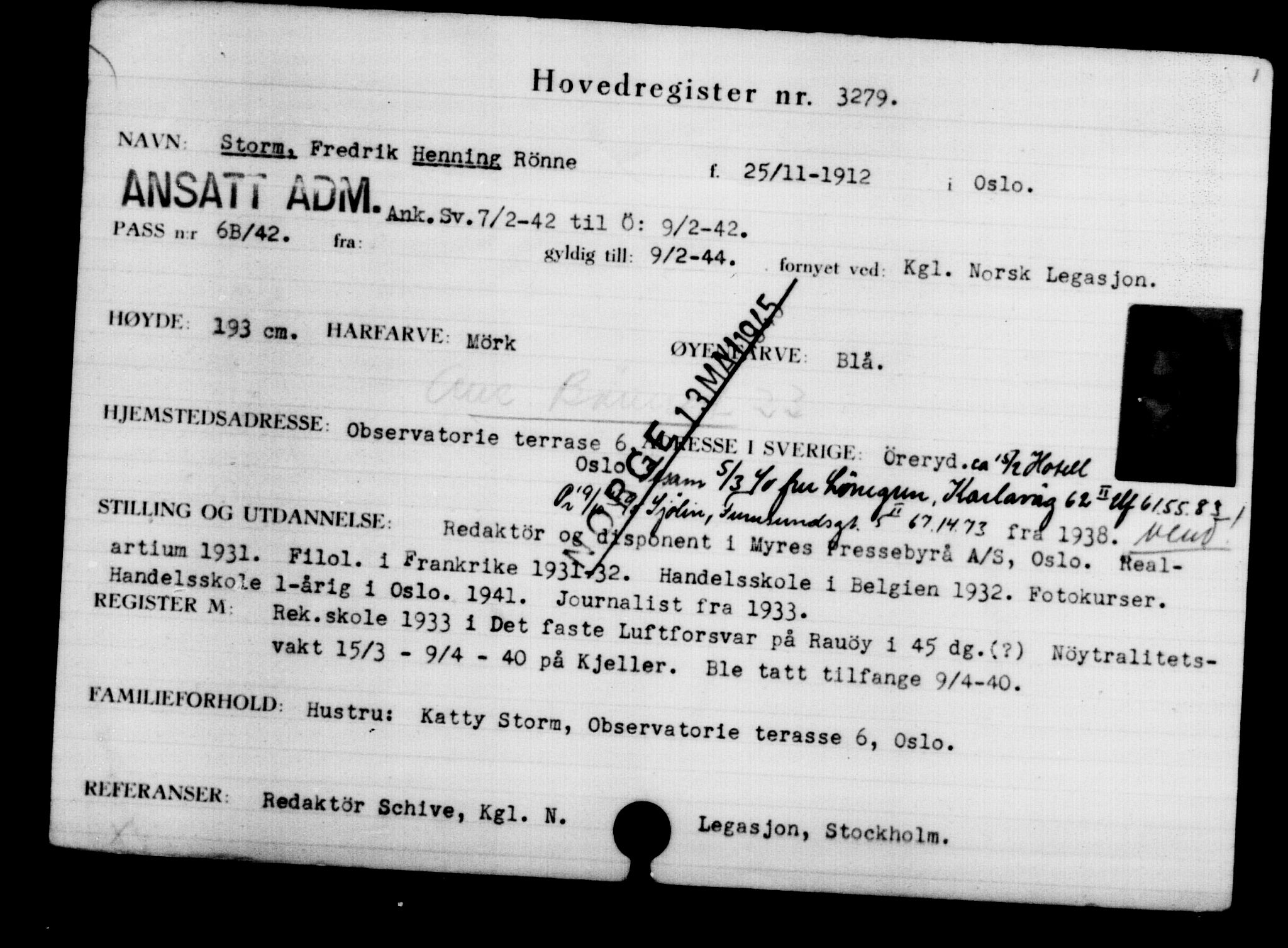 Utenriksstasjonene, Legasjonen i Stockholm, Flyktningkontoret, AV/RA-S-6753/V/Va/L0003: Kjesäterkartoteket, flyktninger med registreringsnr. 2001-3495, 1940-1945, p. 1756
