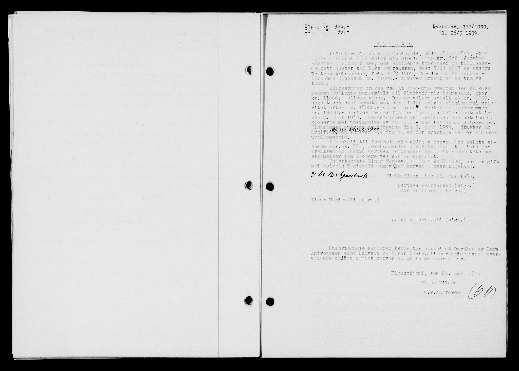 Flekkefjord sorenskriveri, AV/SAK-1221-0001/G/Gb/Gba/L0055: Mortgage book no. A-3, 1939-1939, Diary no: : 377/1939