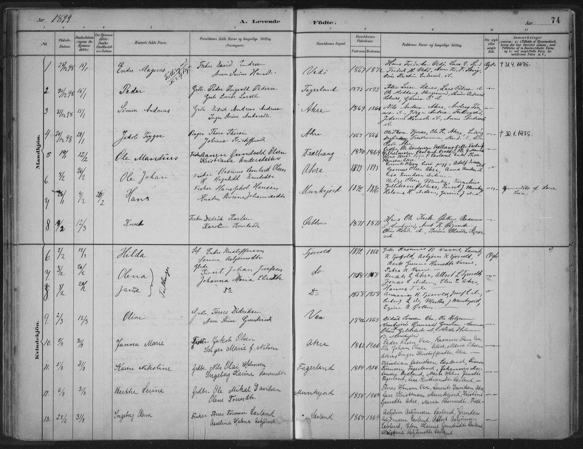 Kopervik sokneprestkontor, SAST/A-101850/H/Ha/Haa/L0004: Parish register (official) no. A 4, 1882-1905, p. 74