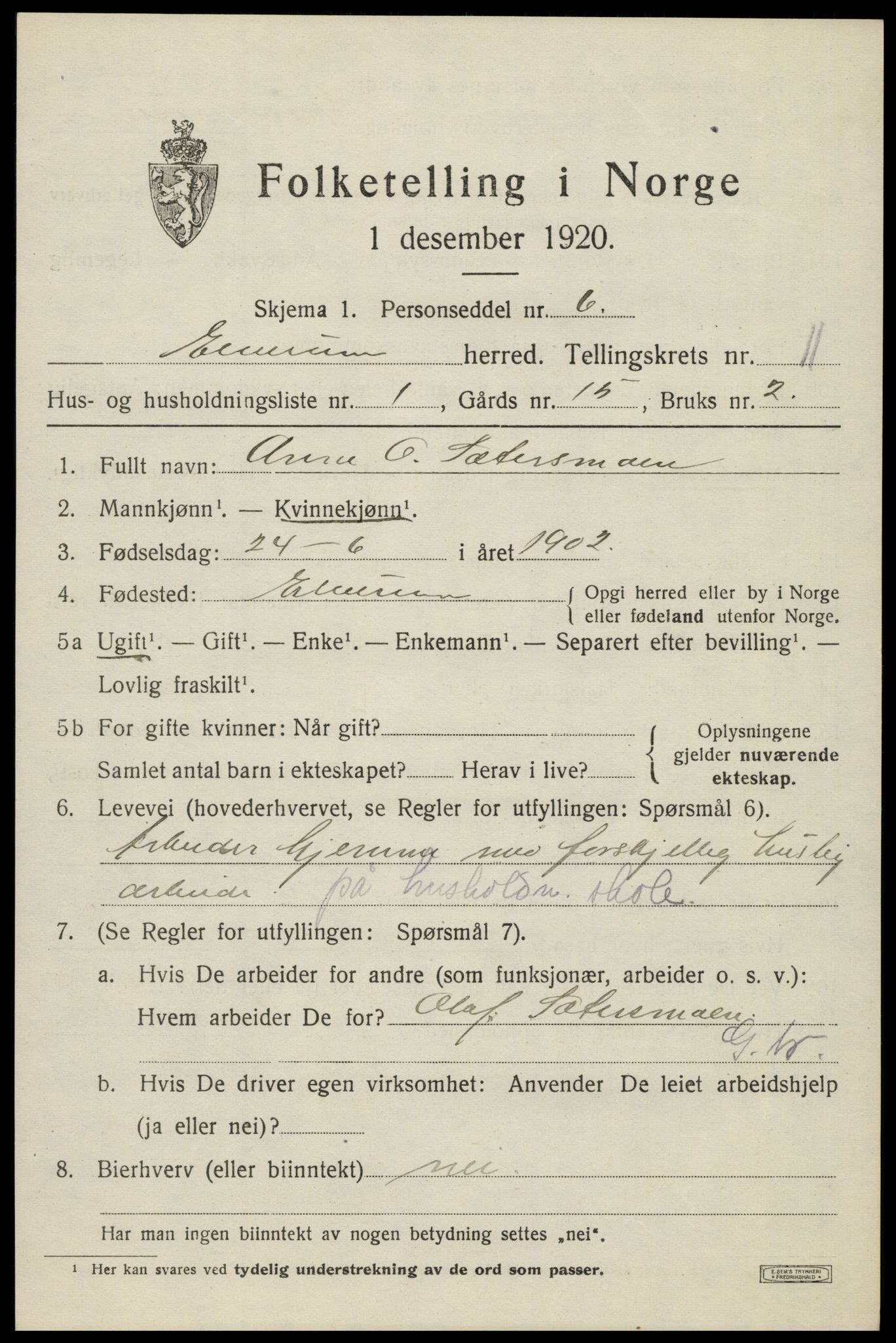 SAH, 1920 census for Elverum, 1920, p. 16174