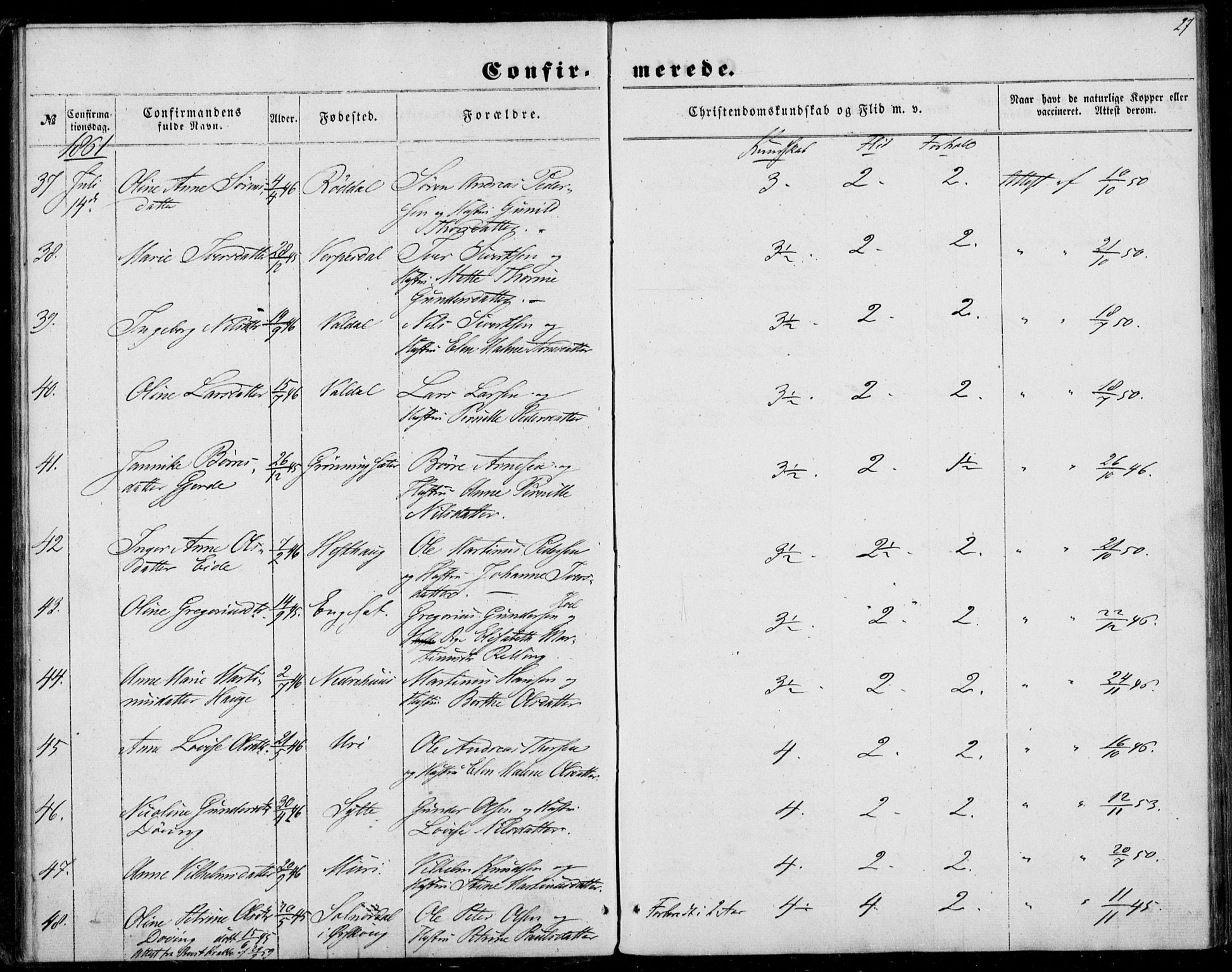 Ministerialprotokoller, klokkerbøker og fødselsregistre - Møre og Romsdal, SAT/A-1454/519/L0251: Parish register (official) no. 519A10, 1854-1868, p. 27