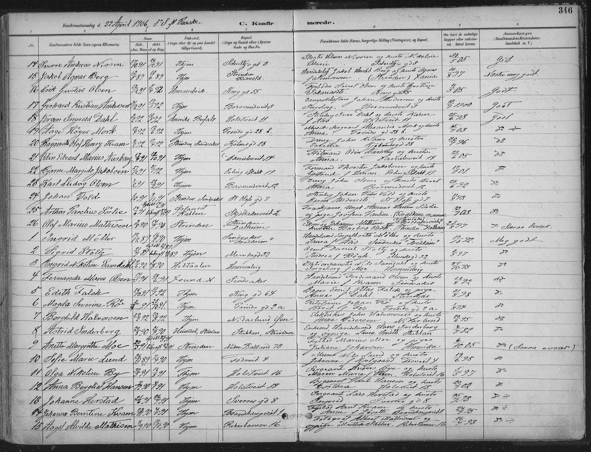 Ministerialprotokoller, klokkerbøker og fødselsregistre - Sør-Trøndelag, SAT/A-1456/601/L0062: Parish register (official) no. 601A30, 1891-1911, p. 346