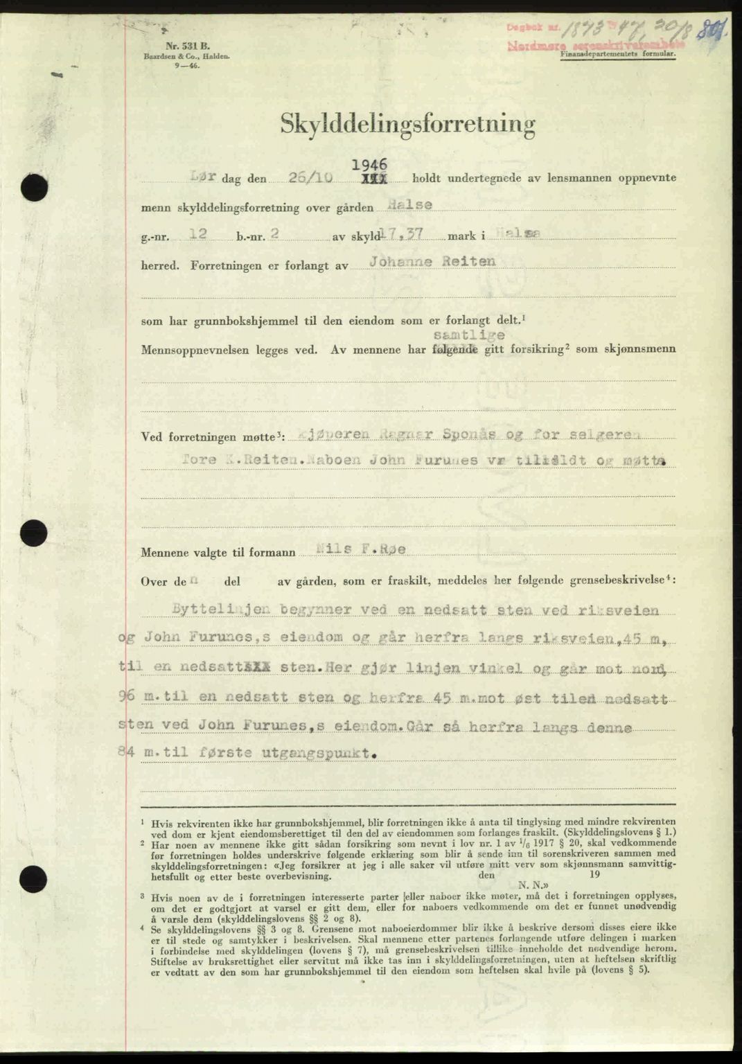 Nordmøre sorenskriveri, AV/SAT-A-4132/1/2/2Ca: Mortgage book no. A105, 1947-1947, Diary no: : 1873/1947