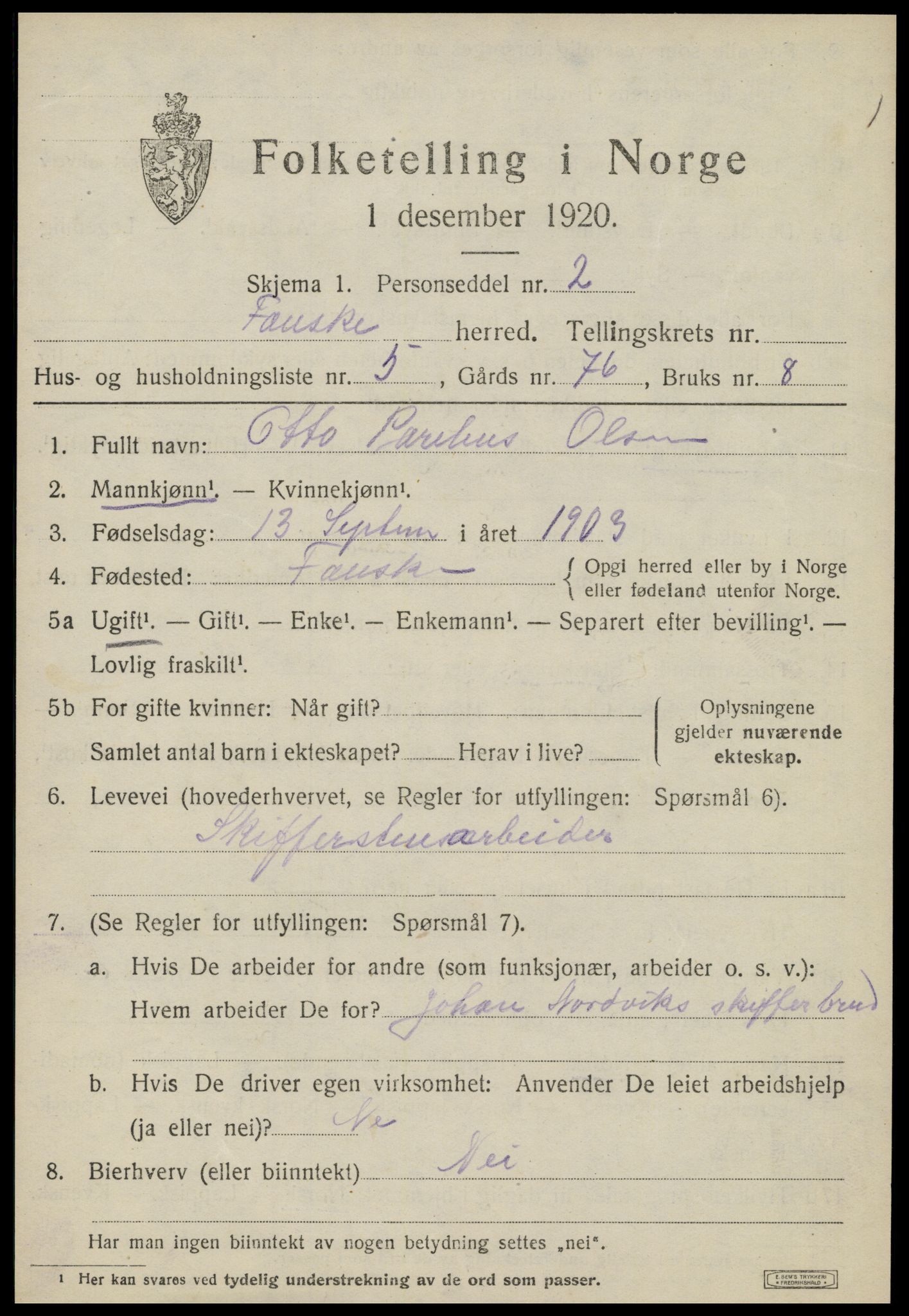 SAT, 1920 census for Fauske, 1920, p. 15754