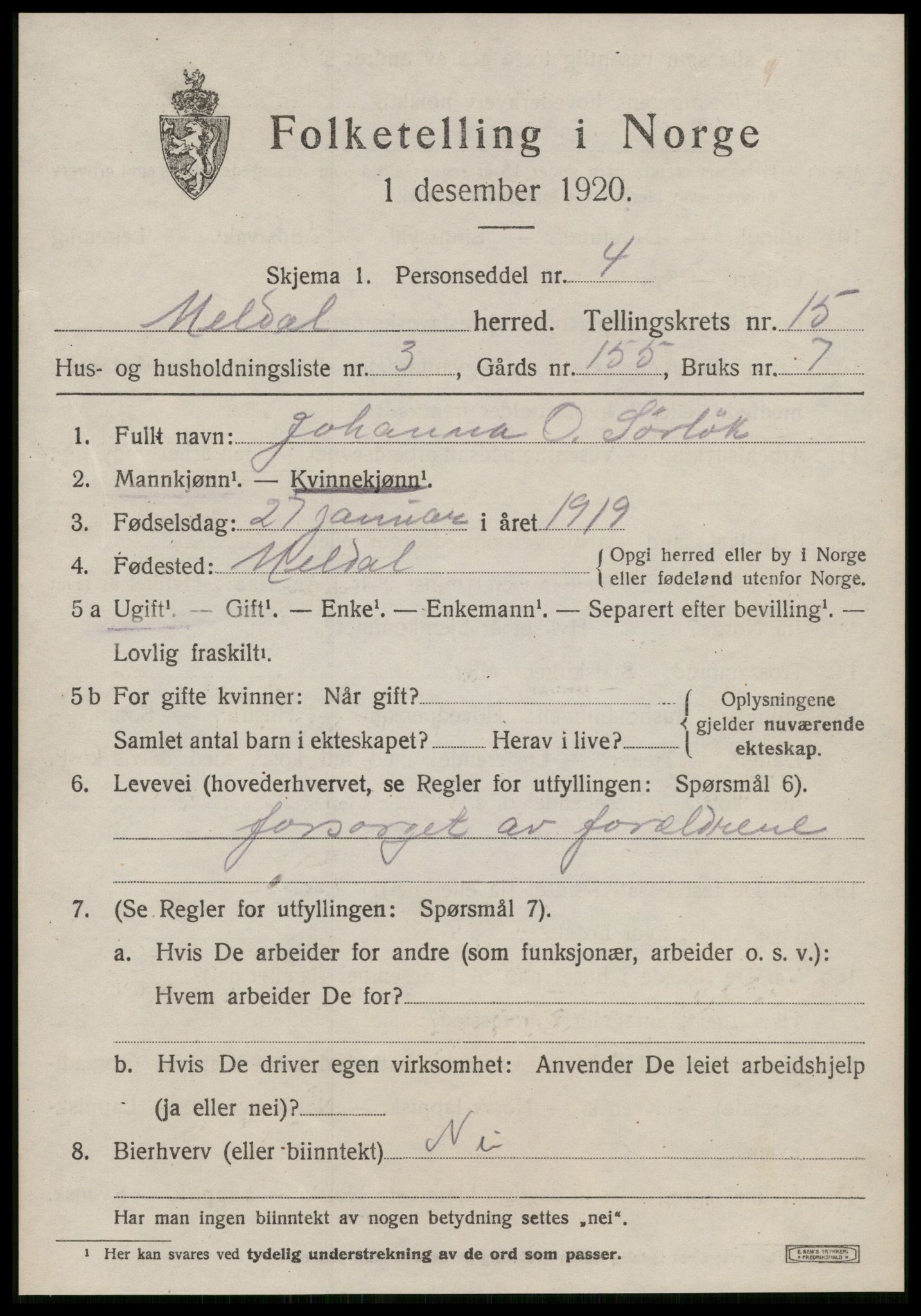 SAT, 1920 census for Meldal, 1920, p. 10491