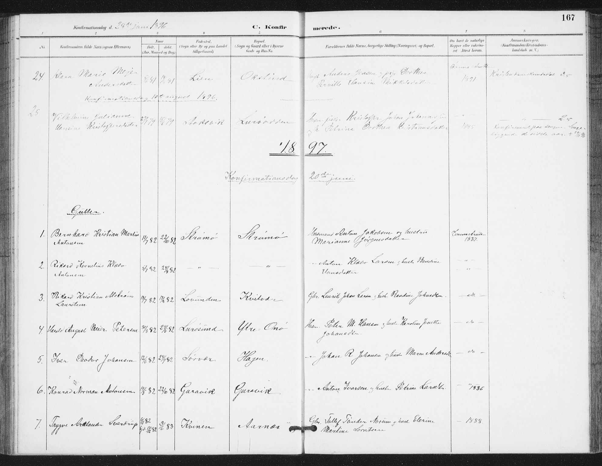 Ministerialprotokoller, klokkerbøker og fødselsregistre - Nordland, SAT/A-1459/839/L0573: Parish register (copy) no. 839C03, 1892-1917, p. 167