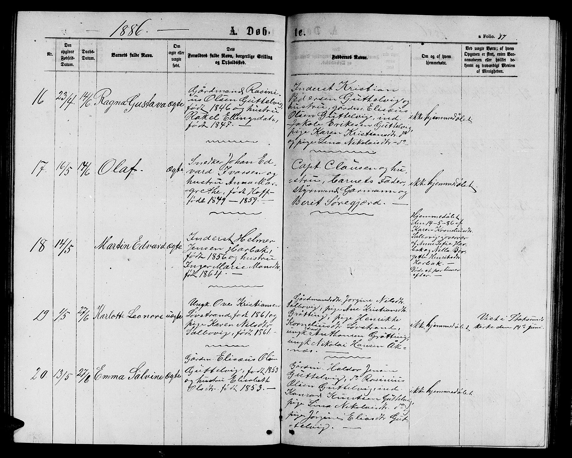 Ministerialprotokoller, klokkerbøker og fødselsregistre - Sør-Trøndelag, AV/SAT-A-1456/656/L0695: Parish register (copy) no. 656C01, 1867-1889, p. 87