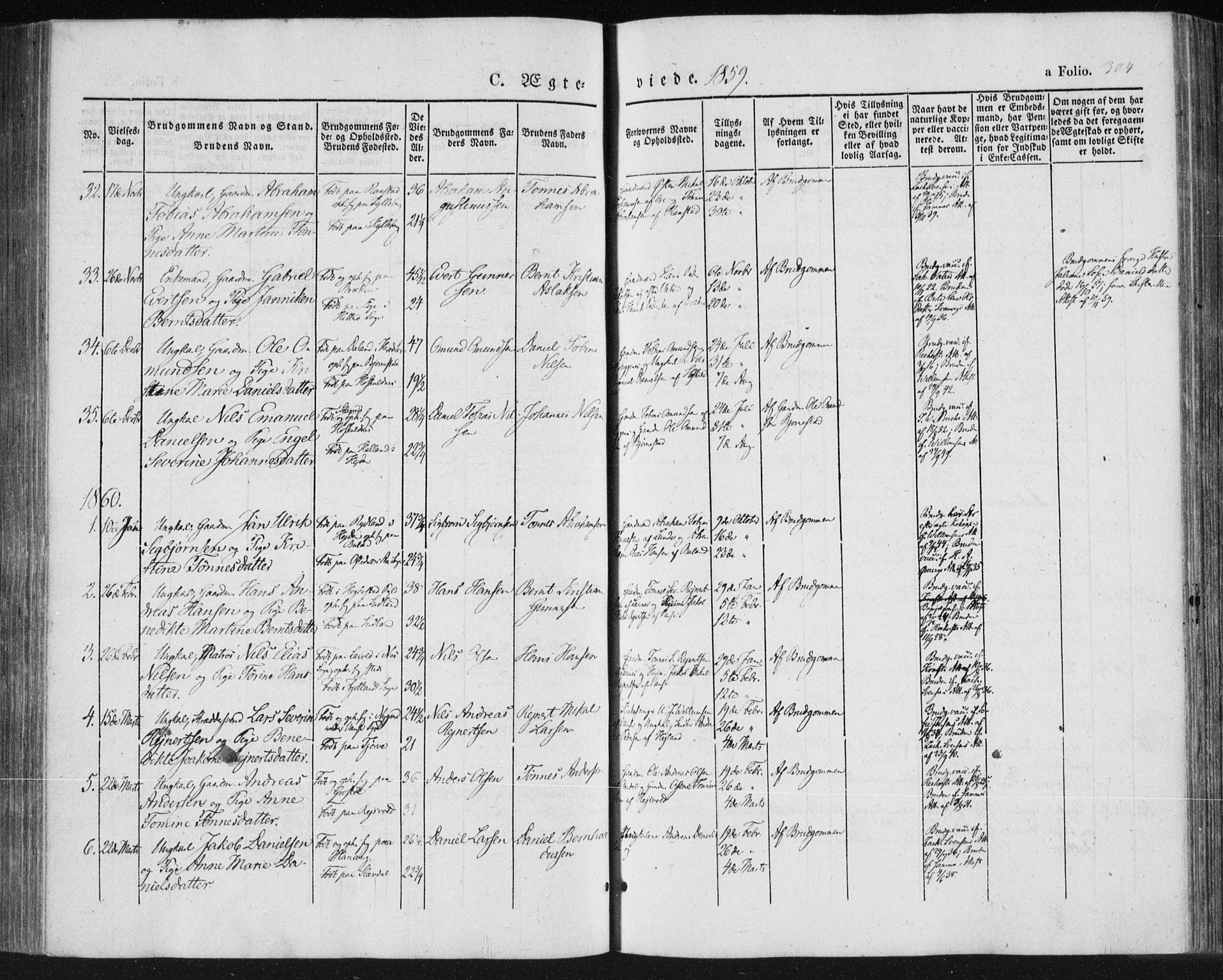 Lista sokneprestkontor, SAK/1111-0027/F/Fa/L0010: Parish register (official) no. A 10, 1846-1861, p. 304