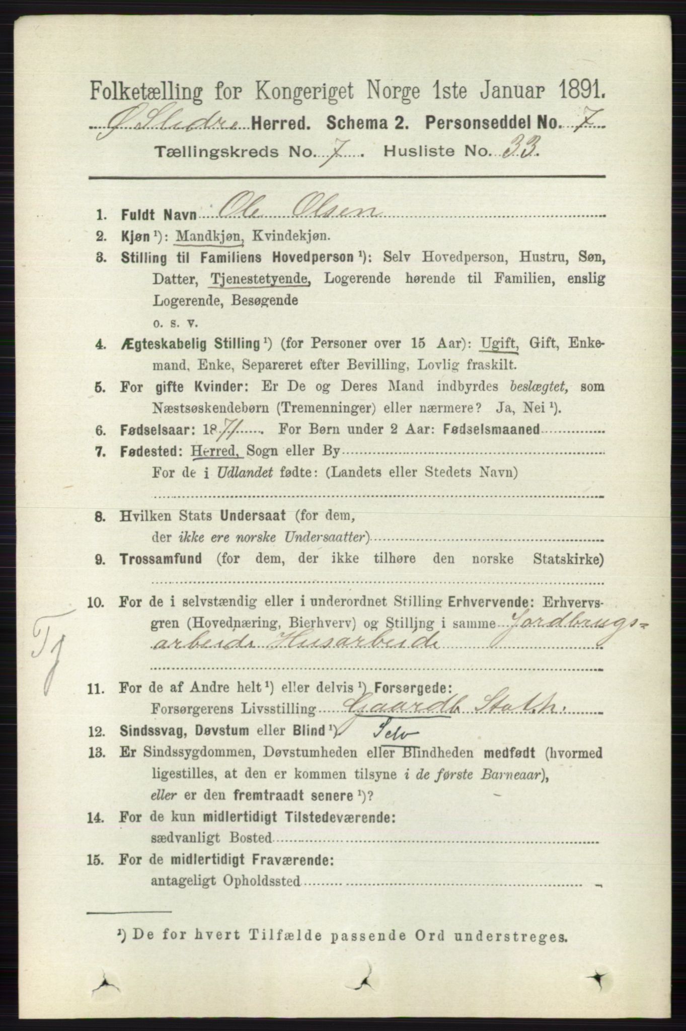 RA, 1891 census for 0544 Øystre Slidre, 1891, p. 2347