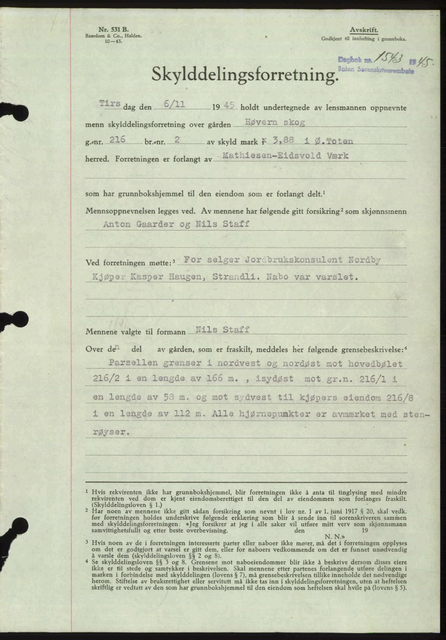Toten tingrett, SAH/TING-006/H/Hb/Hbc/L0013: Mortgage book no. Hbc-13, 1945-1945, Diary no: : 1543/1945
