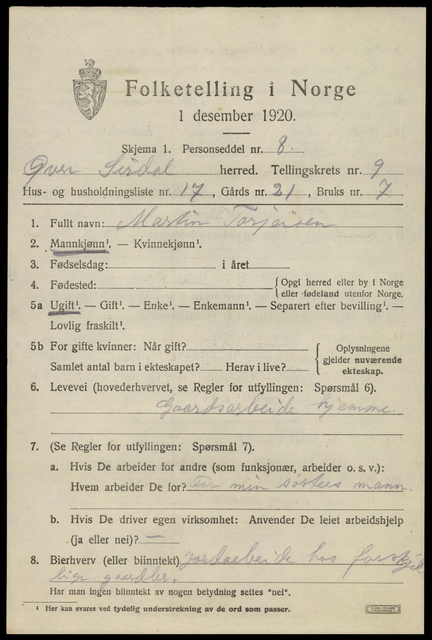 SAK, 1920 census for Øvre Sirdal, 1920, p. 1657