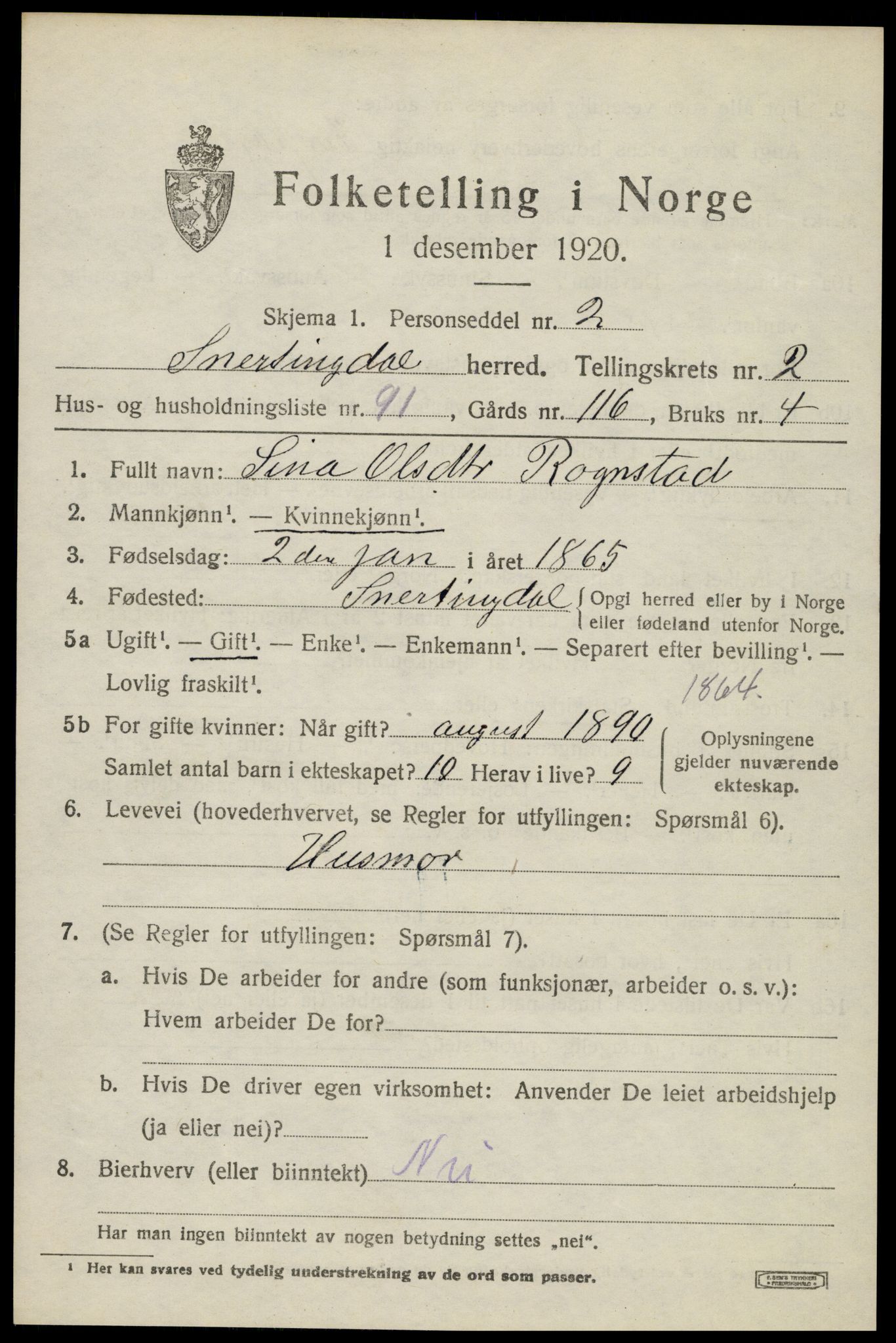 SAH, 1920 census for Snertingdal, 1920, p. 2563