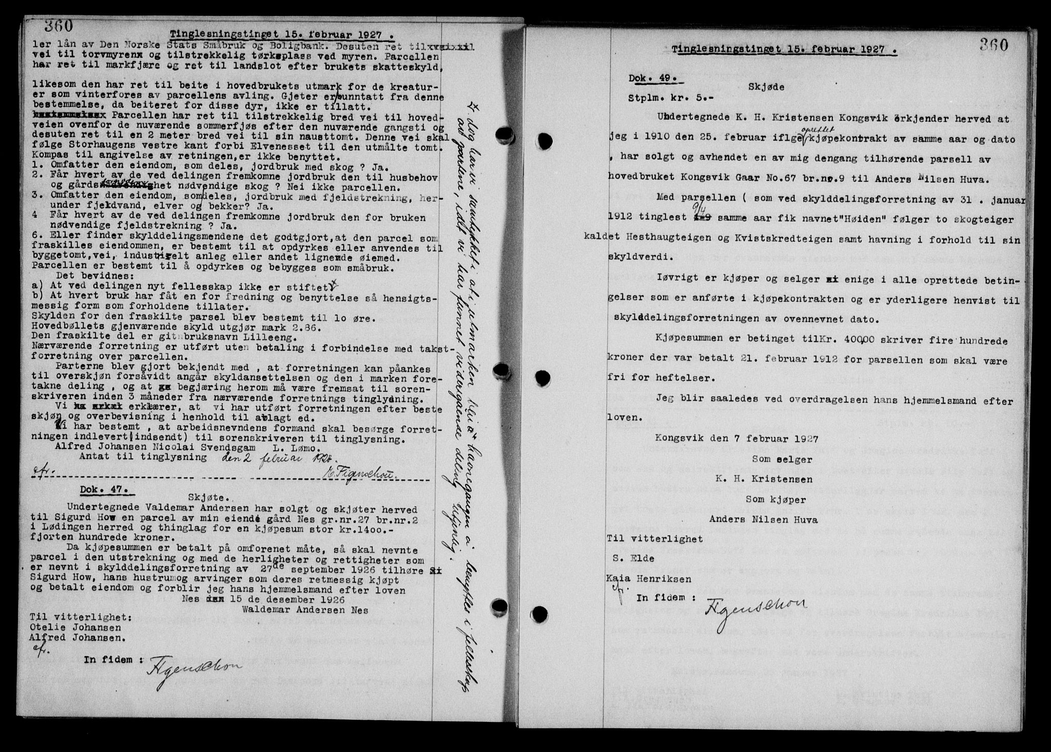 Steigen og Ofoten sorenskriveri, SAT/A-0030/1/2/2C/L0014: Mortgage book no. 13 og 15, 1926-1927, Deed date: 15.02.1927