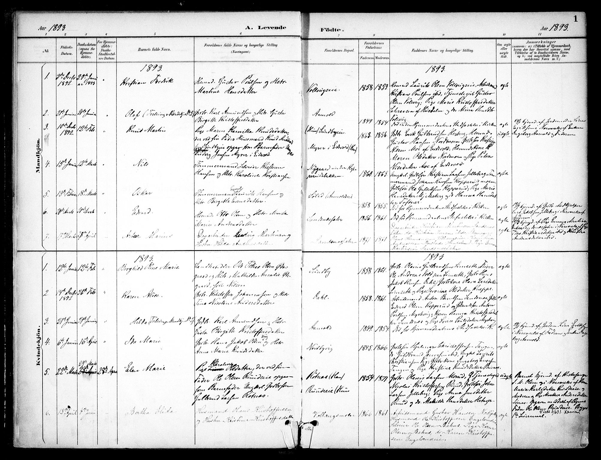 Nannestad prestekontor Kirkebøker, SAO/A-10414a/F/Fc/L0002: Parish register (official) no. III 2, 1893-1907, p. 1