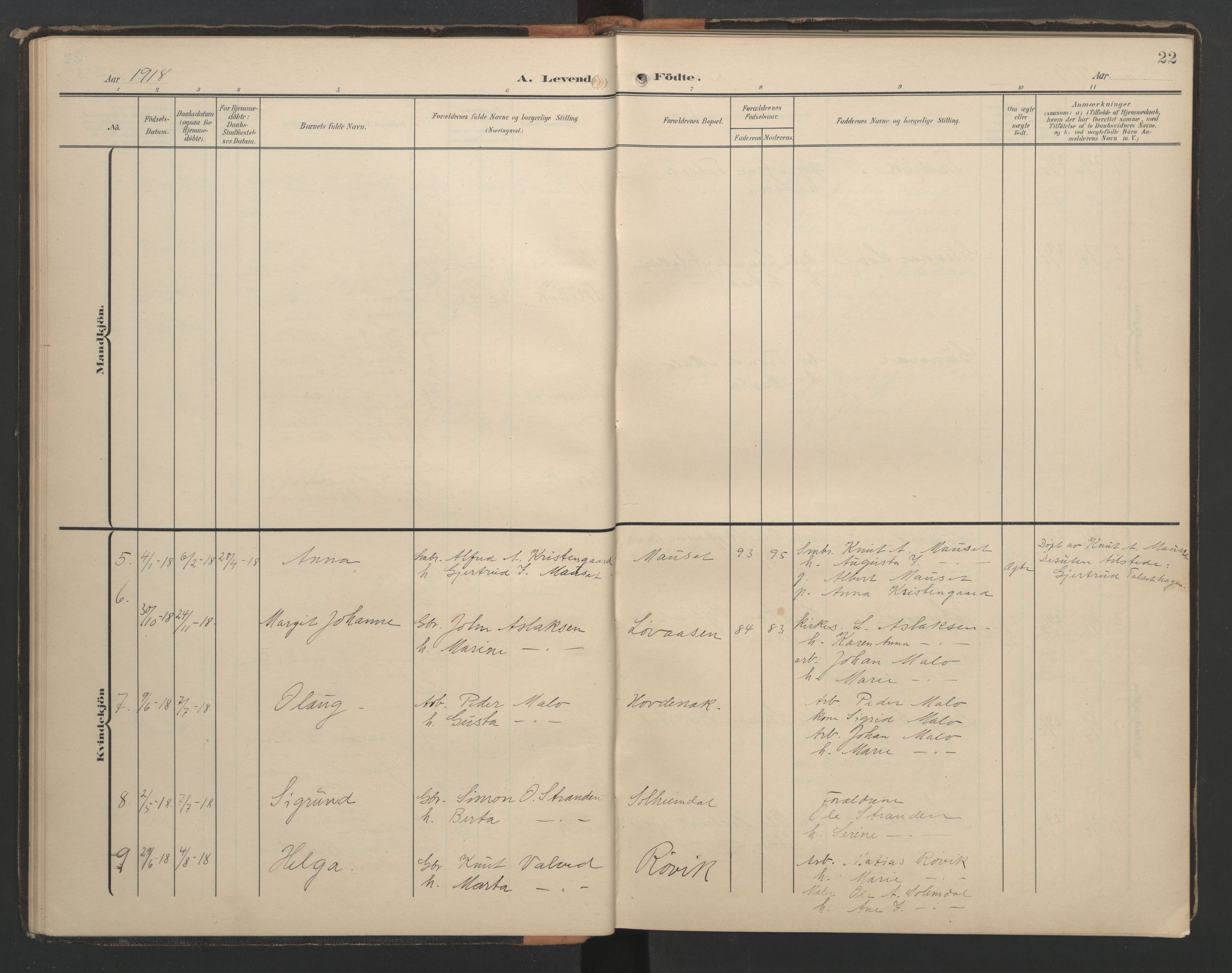 Ministerialprotokoller, klokkerbøker og fødselsregistre - Møre og Romsdal, AV/SAT-A-1454/556/L0677: Parish register (copy) no. 556C01, 1907-1953, p. 22